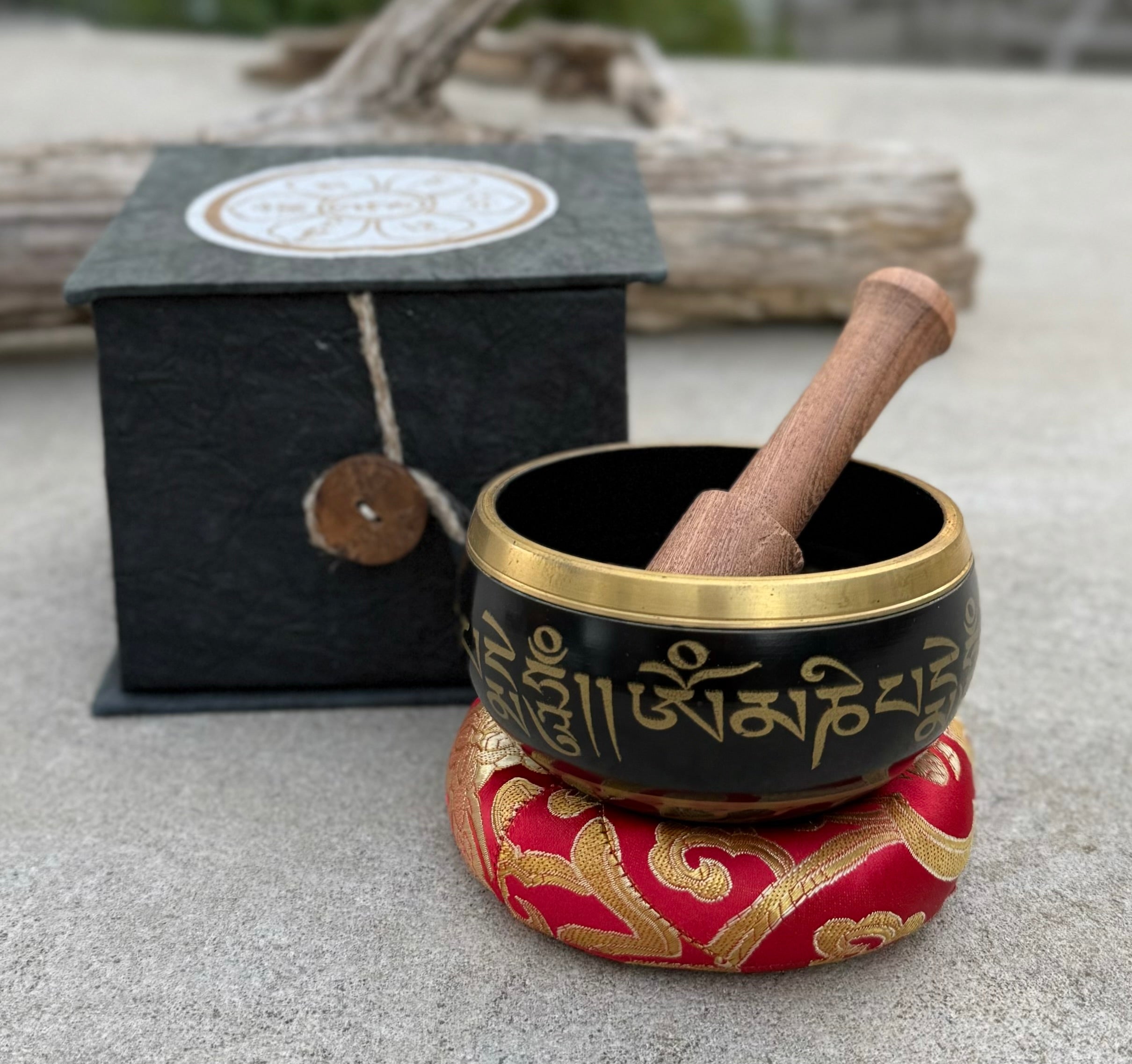 Tibetan Complete Singing Bowl Gift Box Set with OM Mani Padme Hum Etched Bowl - DharmaObjects
