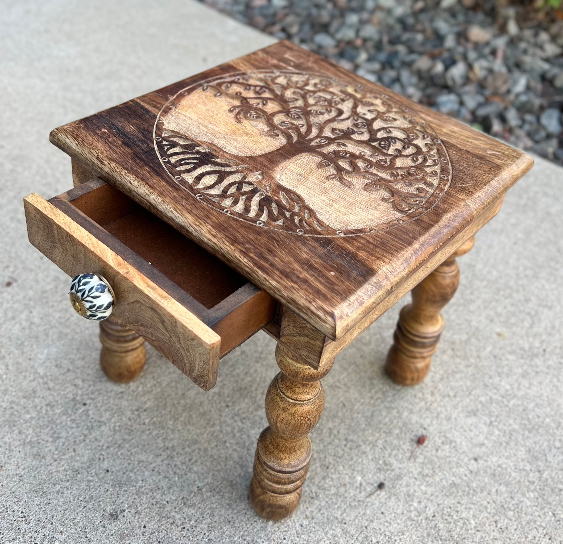 Solid Mango Wood Hand Carved Puja Shrine Altar Meditation Table Tree Of Life - DharmaObjects
