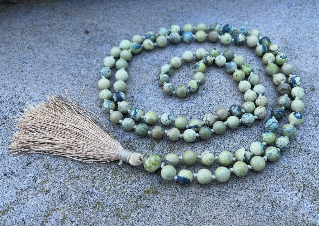 Serpentine Mala 108 Beads – Hand Knotted Gemstone Meditation Prayer Necklace