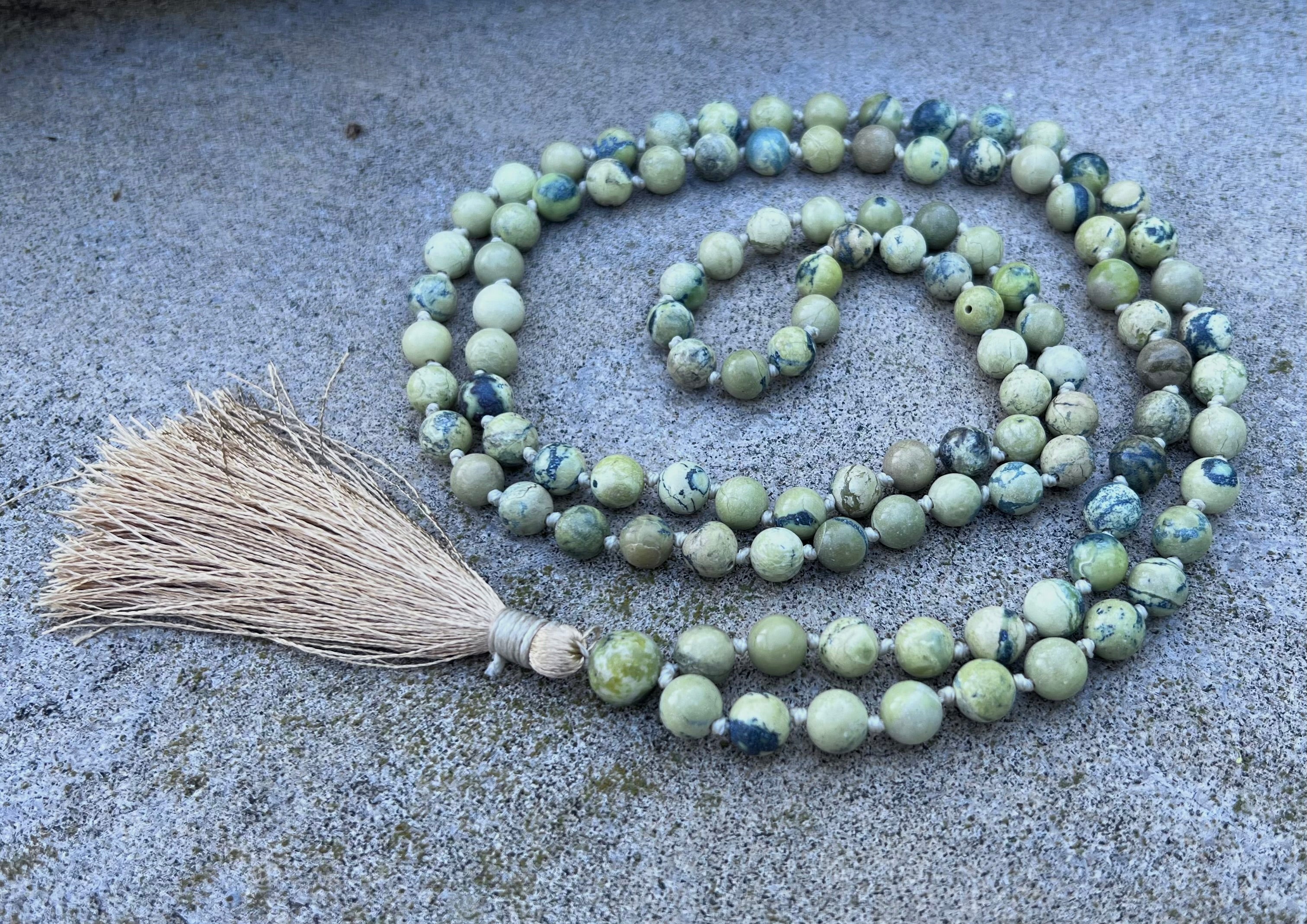 Serpentine Mala 108 Beads – Hand Knotted Gemstone Meditation Prayer Necklace
