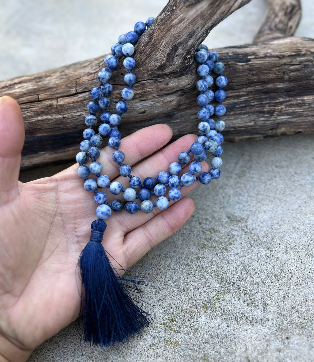 Sodalite Mala 108 Beads – Hand Knotted Gemstone Meditation Prayer Necklace