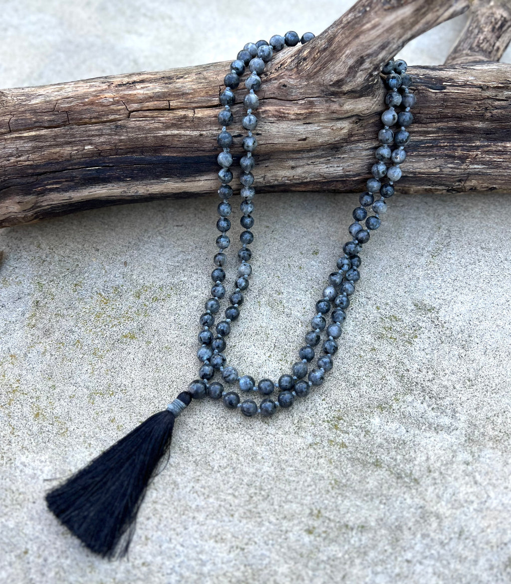 Larvikite Mala 108 Beads – Hand Knotted Gemstone Meditation Prayer Necklace