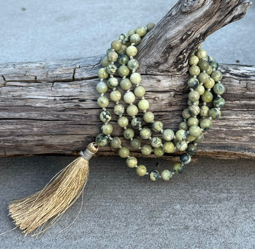 Serpentine Mala 108 Beads – Hand Knotted Gemstone Meditation Prayer Necklace