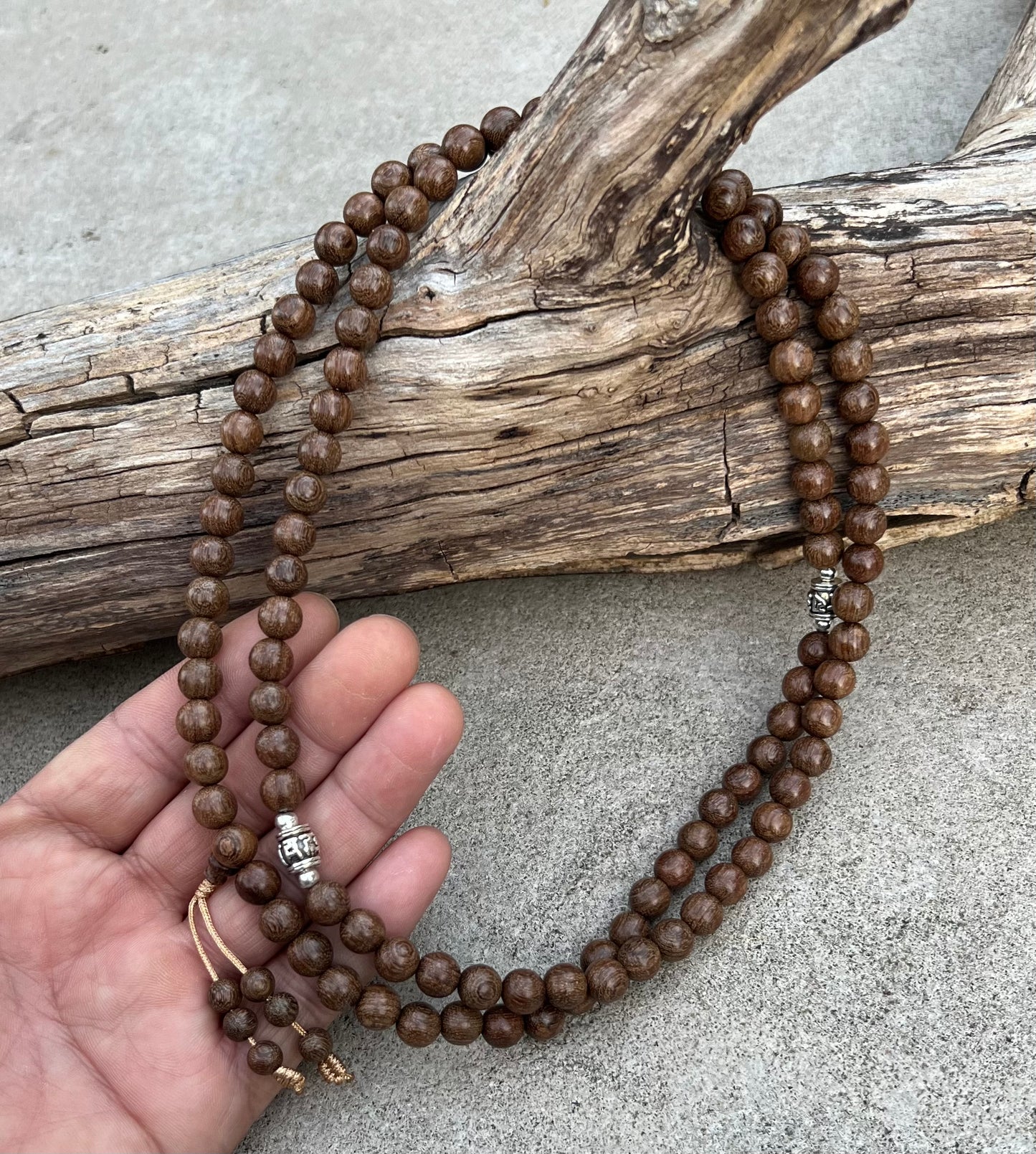 Tibetan Buddhist Nyatoh Wooden 108 Beads Mala with 3 Silver Markers + Free Silk Pouch.