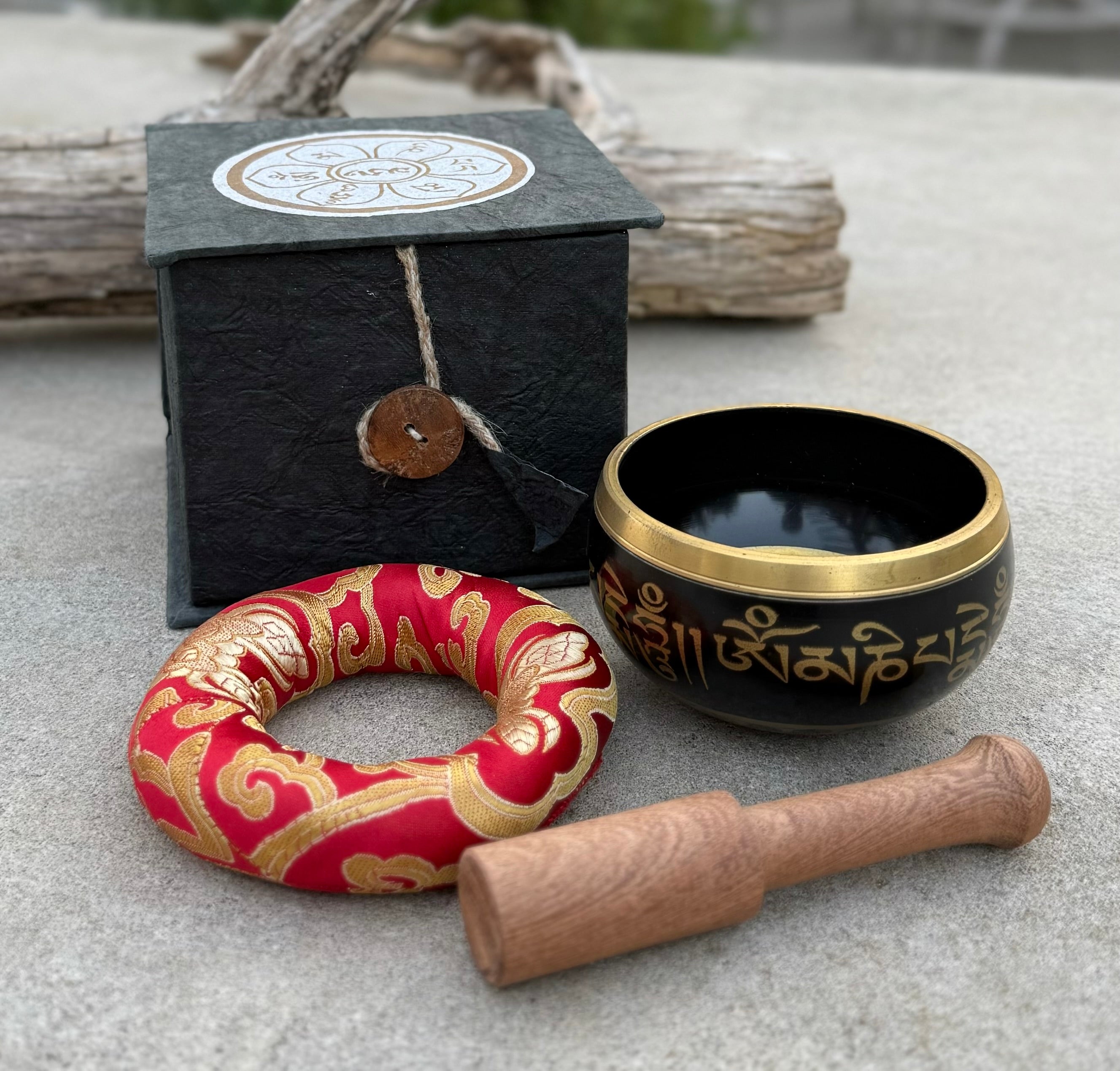 Tibetan Complete Singing Bowl Gift Box Set with OM Mani Padme Hum Etched Bowl - DharmaObjects