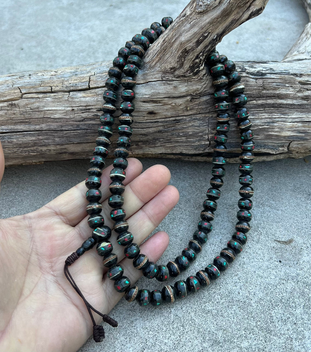 Natural Yak Bone With Coral Inlay 108 Beads Prayer Mala - DharmaObjects