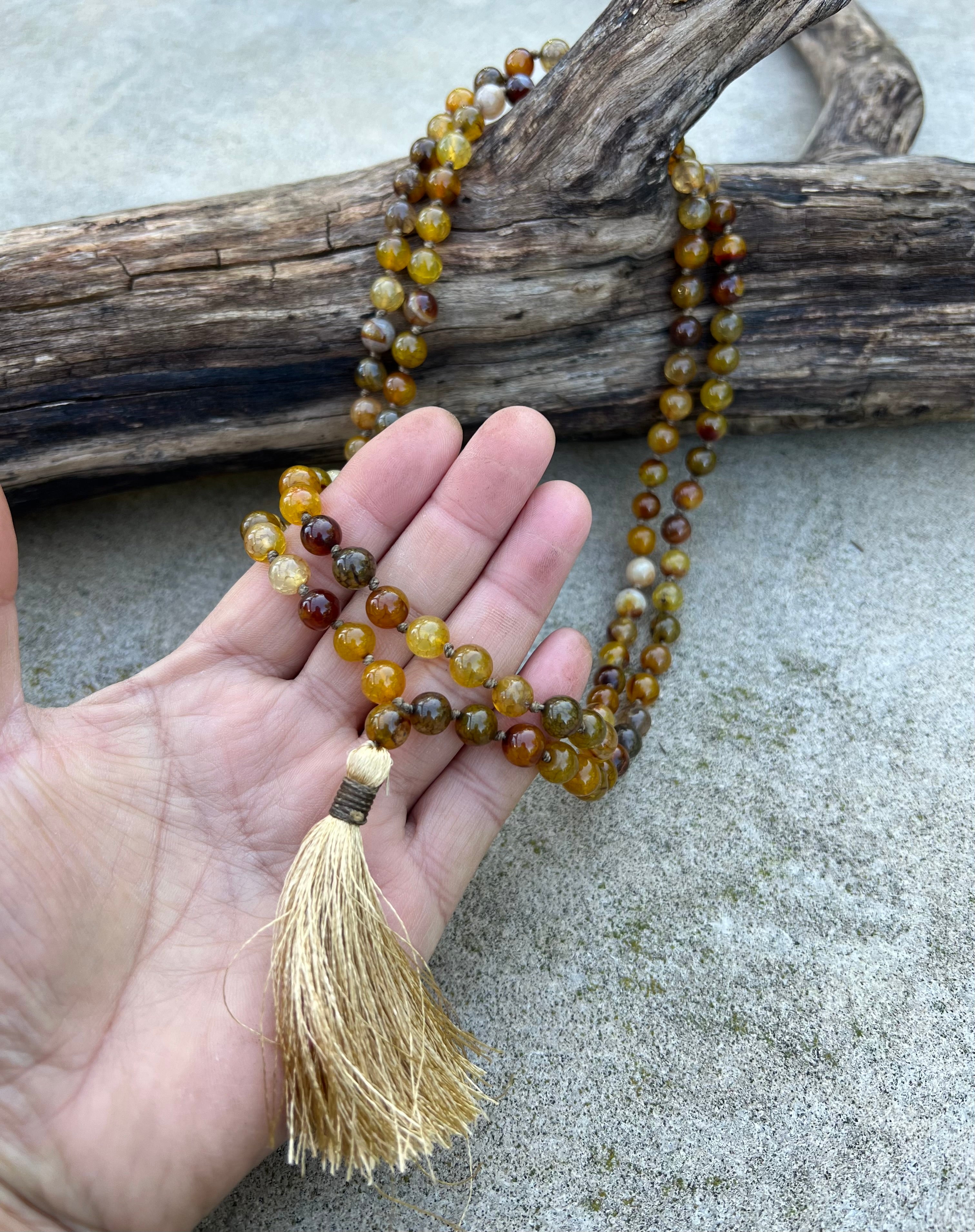 Brown Agate Mala 108 Beads – Hand Knotted Gemstone Meditation Prayer Necklac