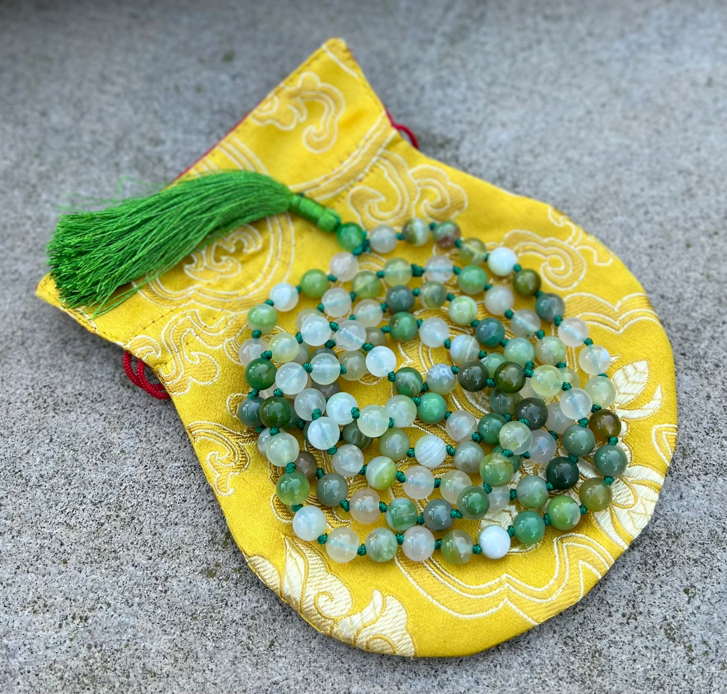 108 Beads Hand-Knotted Green Agate Stone Mala Rosary | Natural Gemstone Meditation Necklace | Healing, Balance, and Chakra Alignment Mala