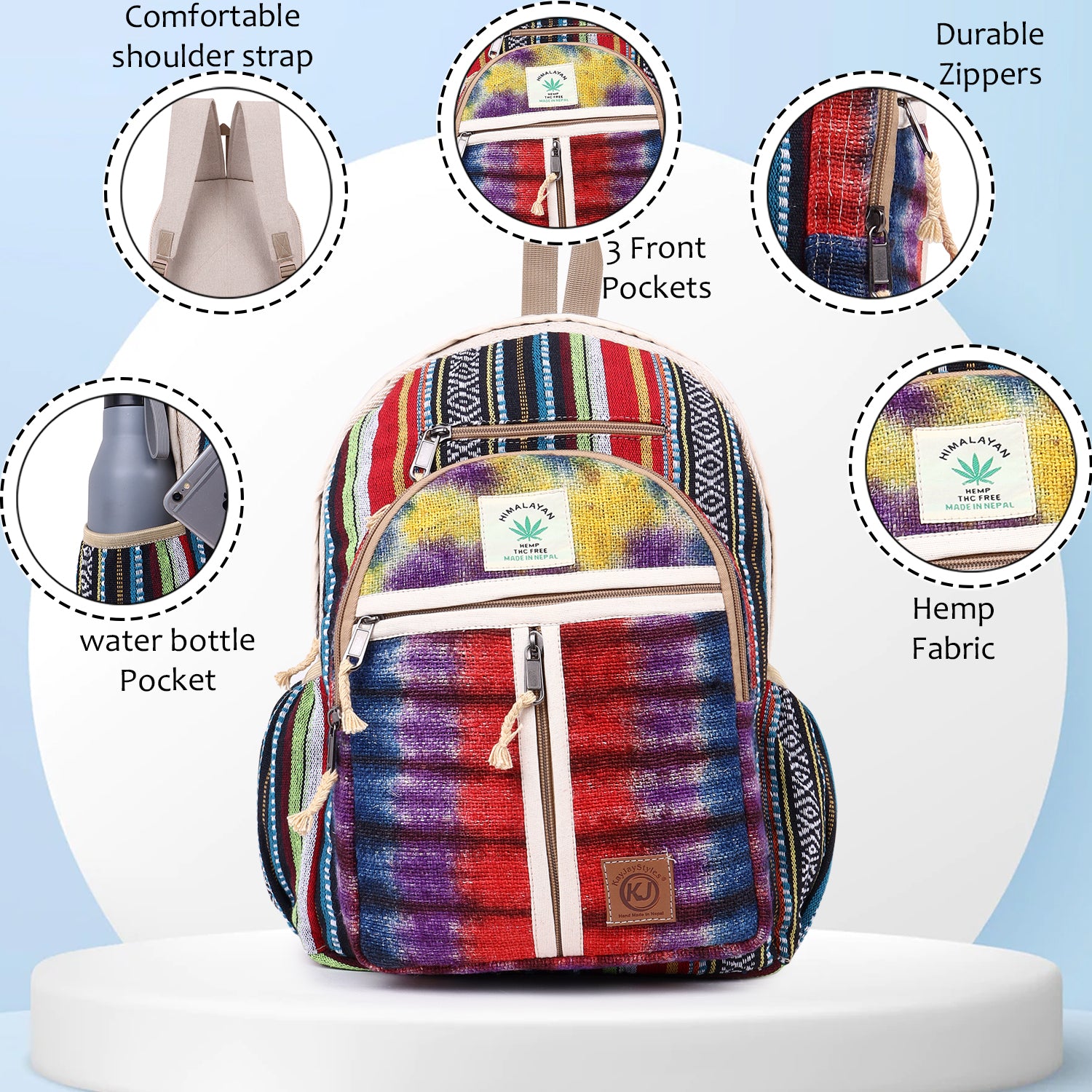 KayJayStyles Natural Handmade Large Multi Pocket Hemp Nepal Backpack (BKPK5) - DharmaObjects