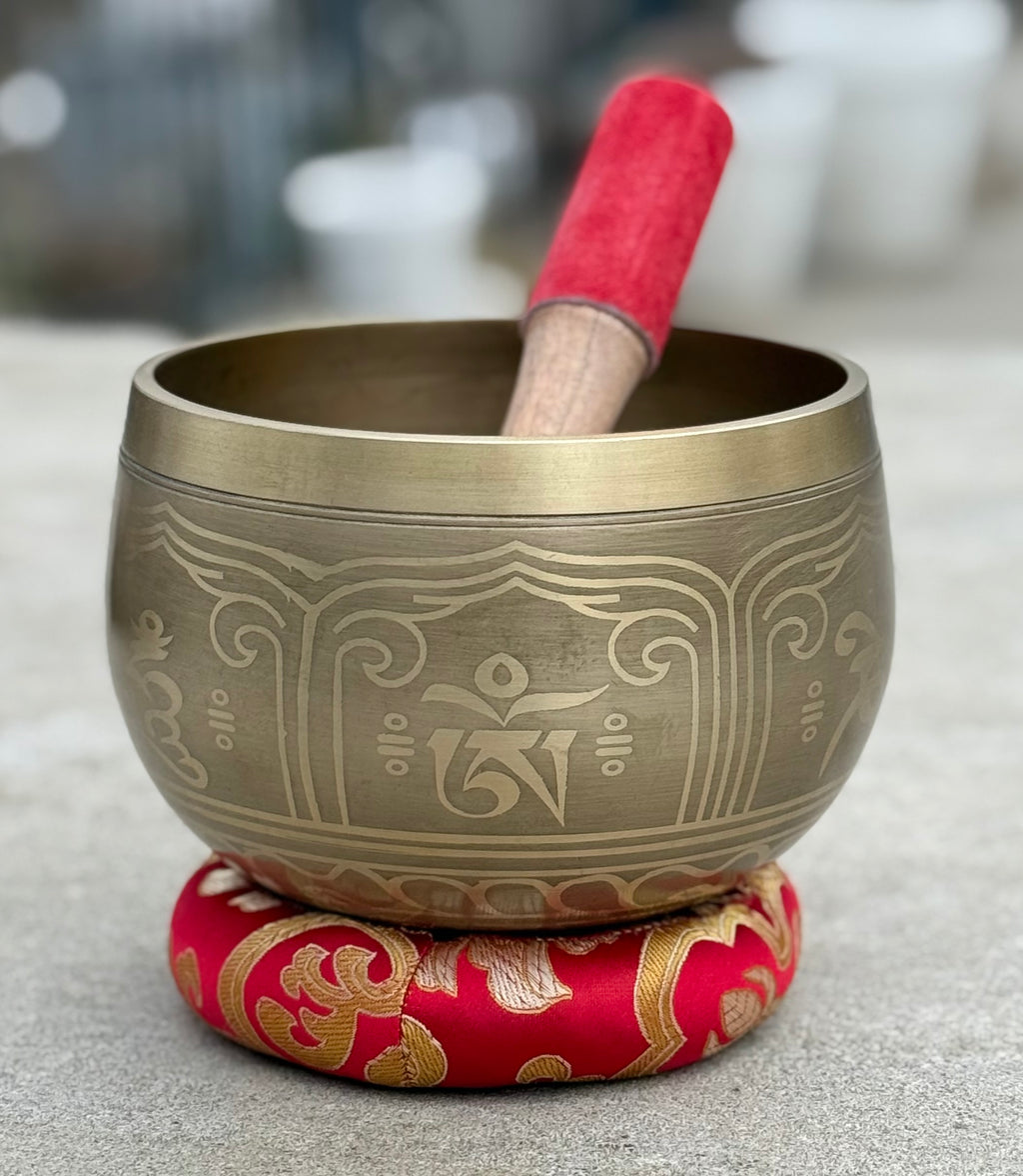Tibetan Pro Deep Meditation Singing Bowl Set – Large Om Mani Hand Hammered Bowl with Wooden Suede Mallet & Ring Cushion for Yoga, Mindfulness & Chakra Healing - DharmaObjects