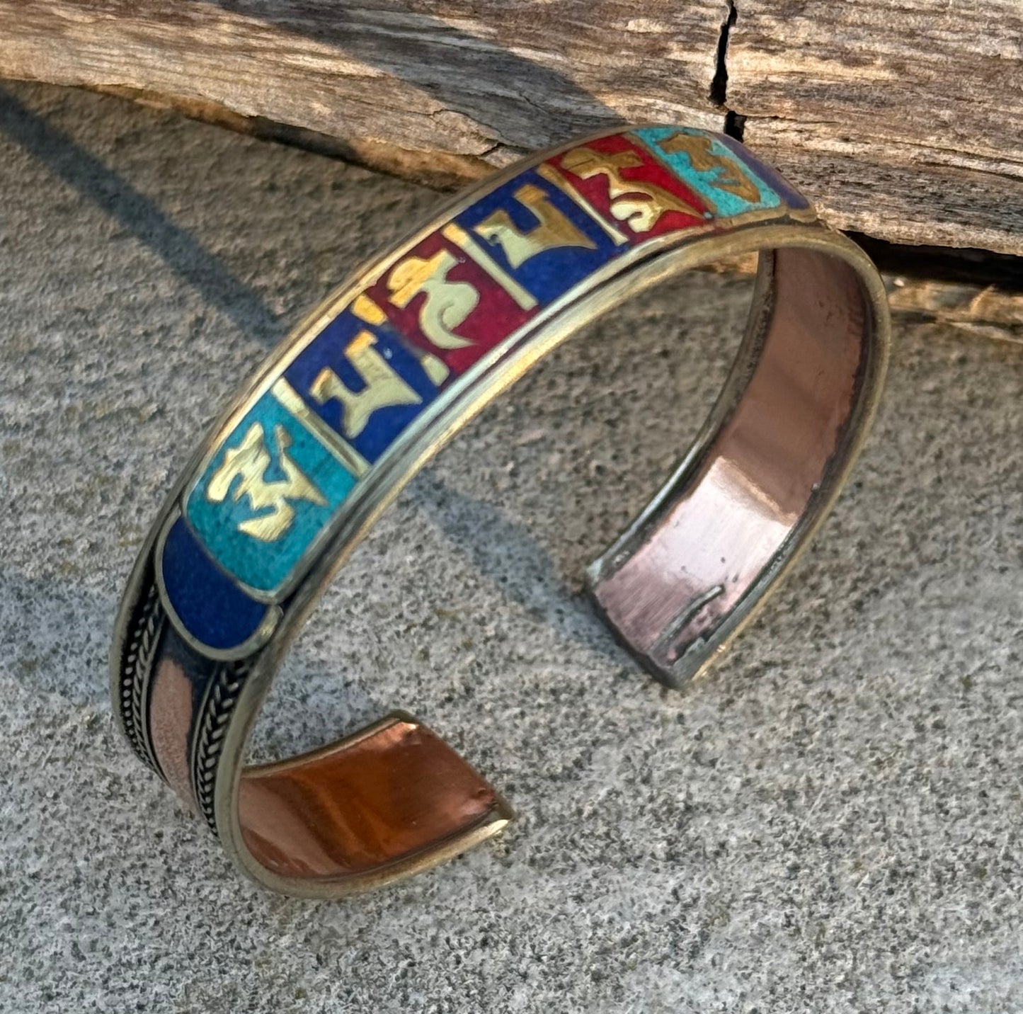 Copper "Om Mani Padme Hum" Bracelet with Stone Inlay - Handcrafted in Nepal