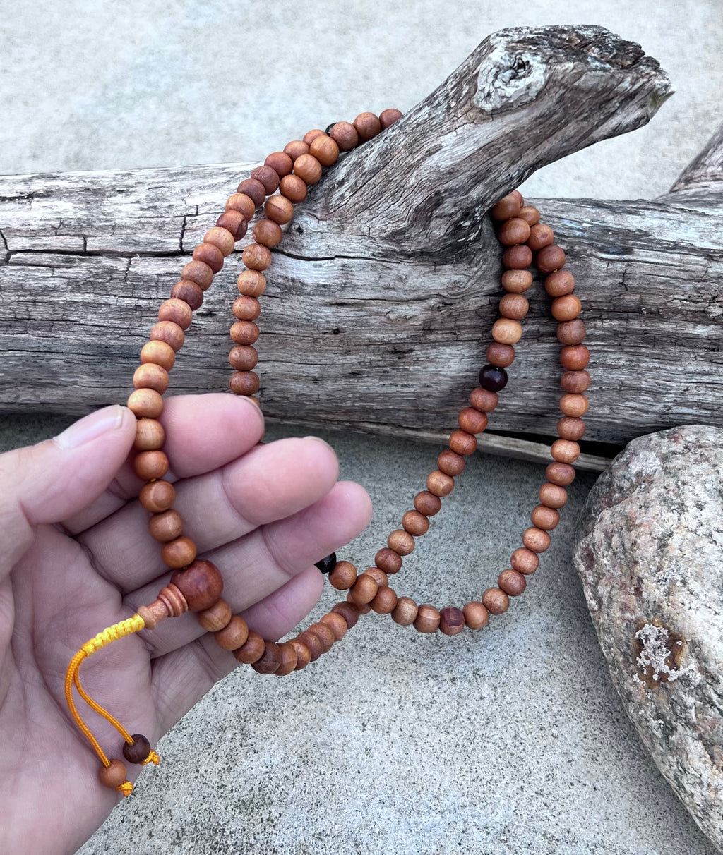 Natural Sandalwood 108 Bead Meditation Mala | Adjustable Japa Prayer Beads | Buddhist Hindu Yoga Mala | Guru Bead Necklace | Spiritual Gift - DharmaObjects