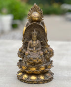 Tibetan Buddhist Old Brass 3 Buddhas Stupa Pagoda 9.5 Inches Tall - DharmaObjects