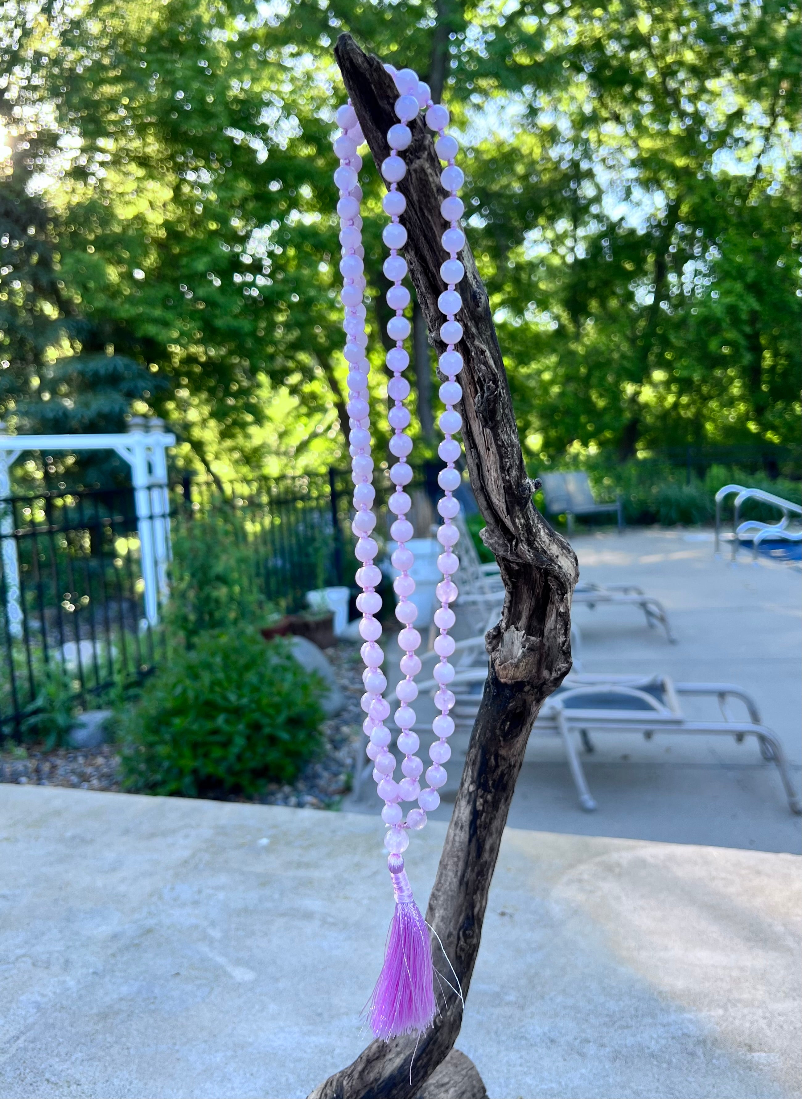 Rose Quartz Mala 108 Beads – Hand Knotted Gemstone Meditation Prayer Necklace