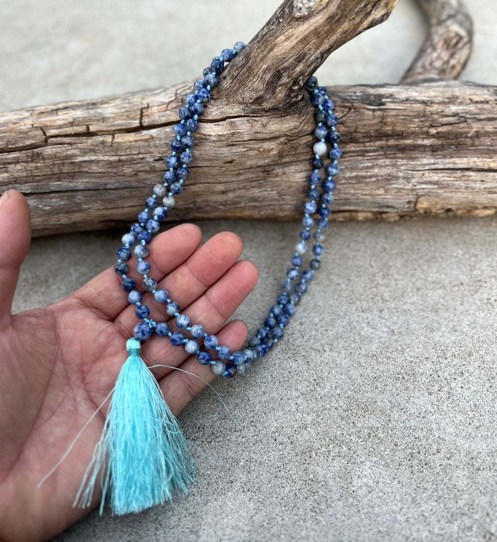 Sodalite Mala 108 Beads – Hand Knotted Gemstone Meditation Prayer Necklace