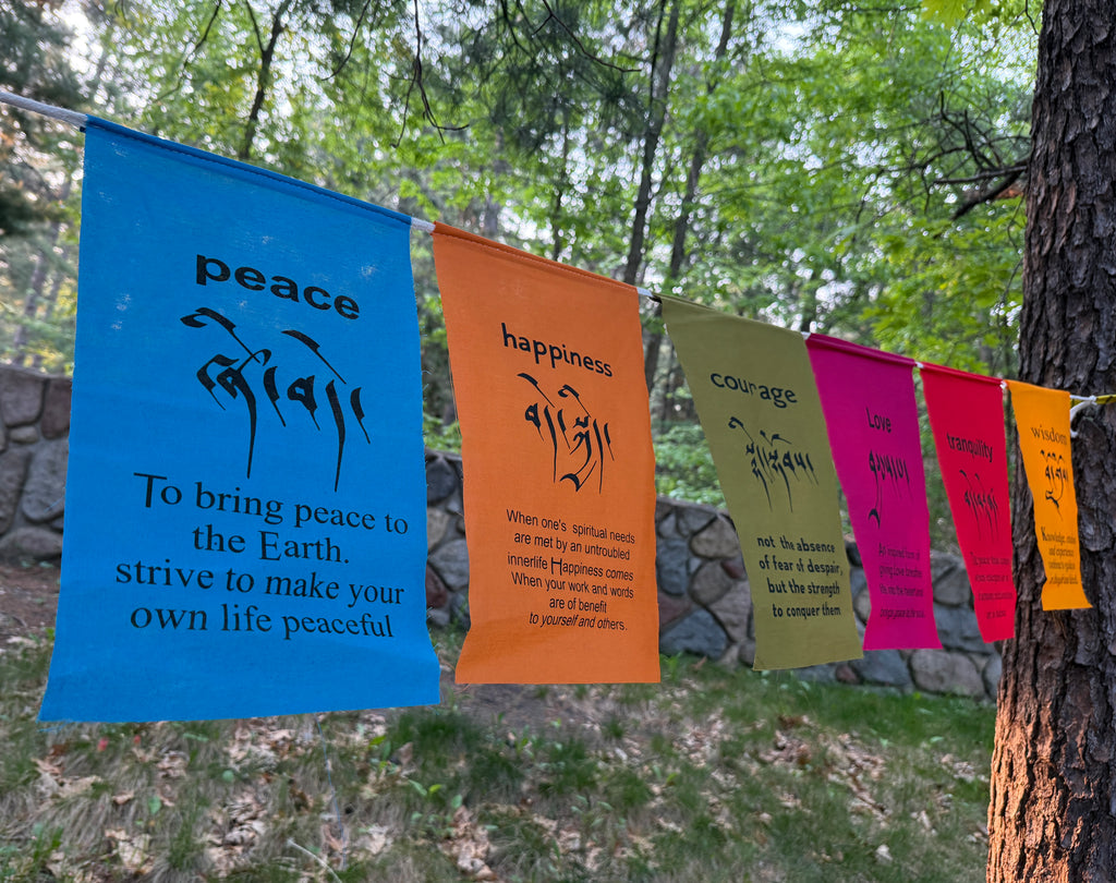Handmade Tibetan Affirmation Prayer Flags - Peace, Happiness, Courage, Love, Tranquility, Wisdom - DharmaObjects