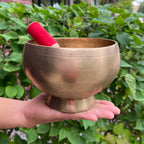 Antique Naga Pedestal Himalayan Singing Bowl 6.5" – Heart Chakra F 1449 Hz Chalice Bowl with Gong Beater & Mallet - DharmaObjects