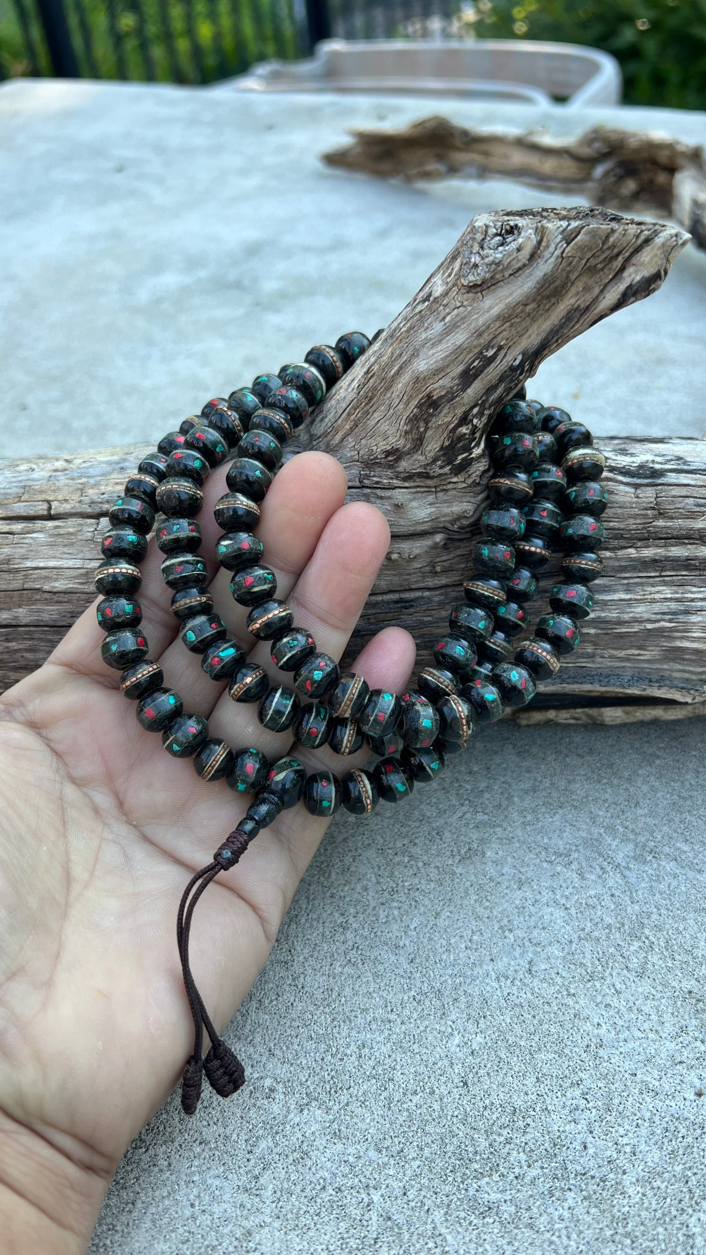 Natural Yak Bone With Coral Inlay 108 Beads Prayer Mala - DharmaObjects