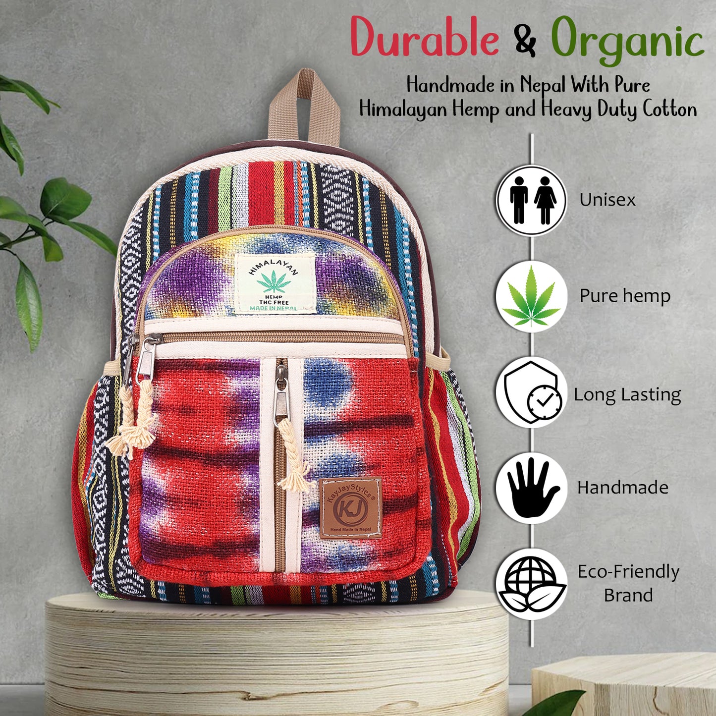 KayJayStyles Handmade Natural Hemp Nepal Backpack Purse for Women & Girls Small Lightweight Daypack ( Tie Dye)