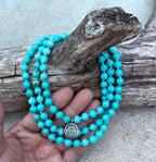 Turquoise Mala 108 Beads – Tibetan Silver Guru Bead & Lotus Charm Meditation Necklace