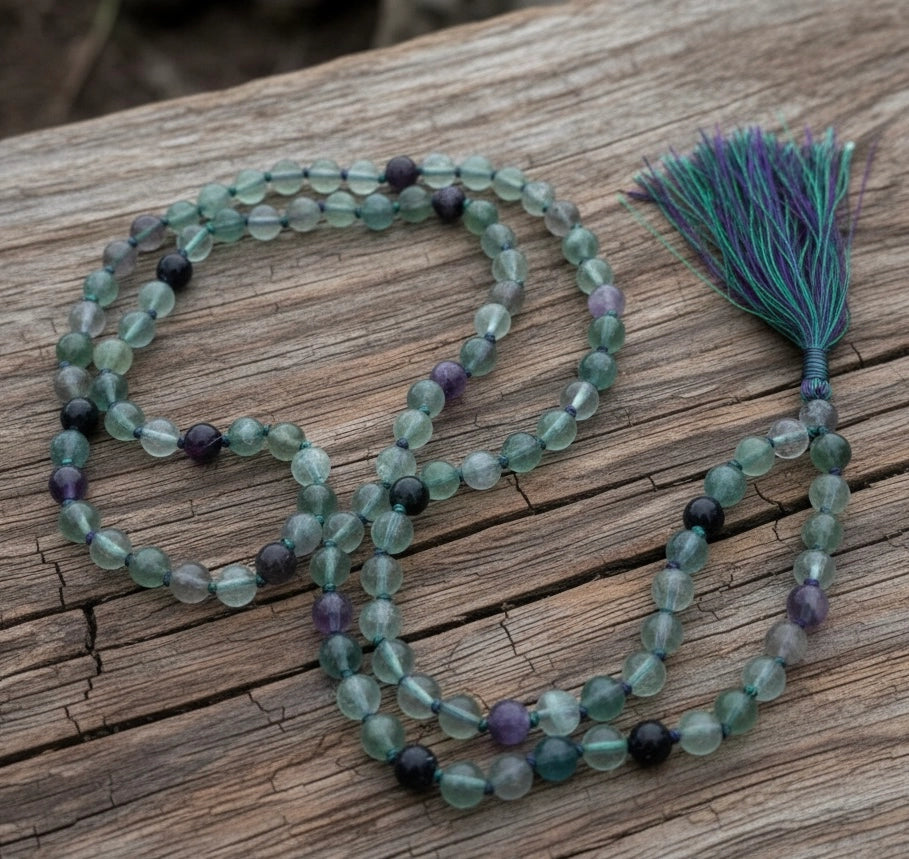 Fluorite 108 Bead Mala Necklace • Hand-Knotted Meditation Prayer Beads • Yoga Jewelry • Spiritual Healing Gemstone Necklace Gift - DharmaObjects