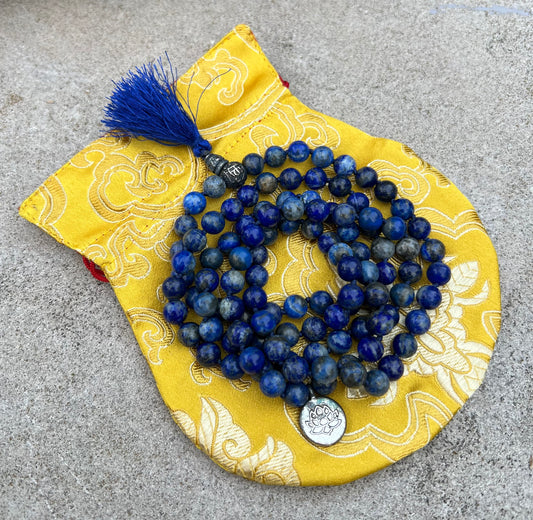 Meditation Healing Lapis Lazuli 108 Beads Mala With Silver Guru Bead , Spacers, Lotus Charm