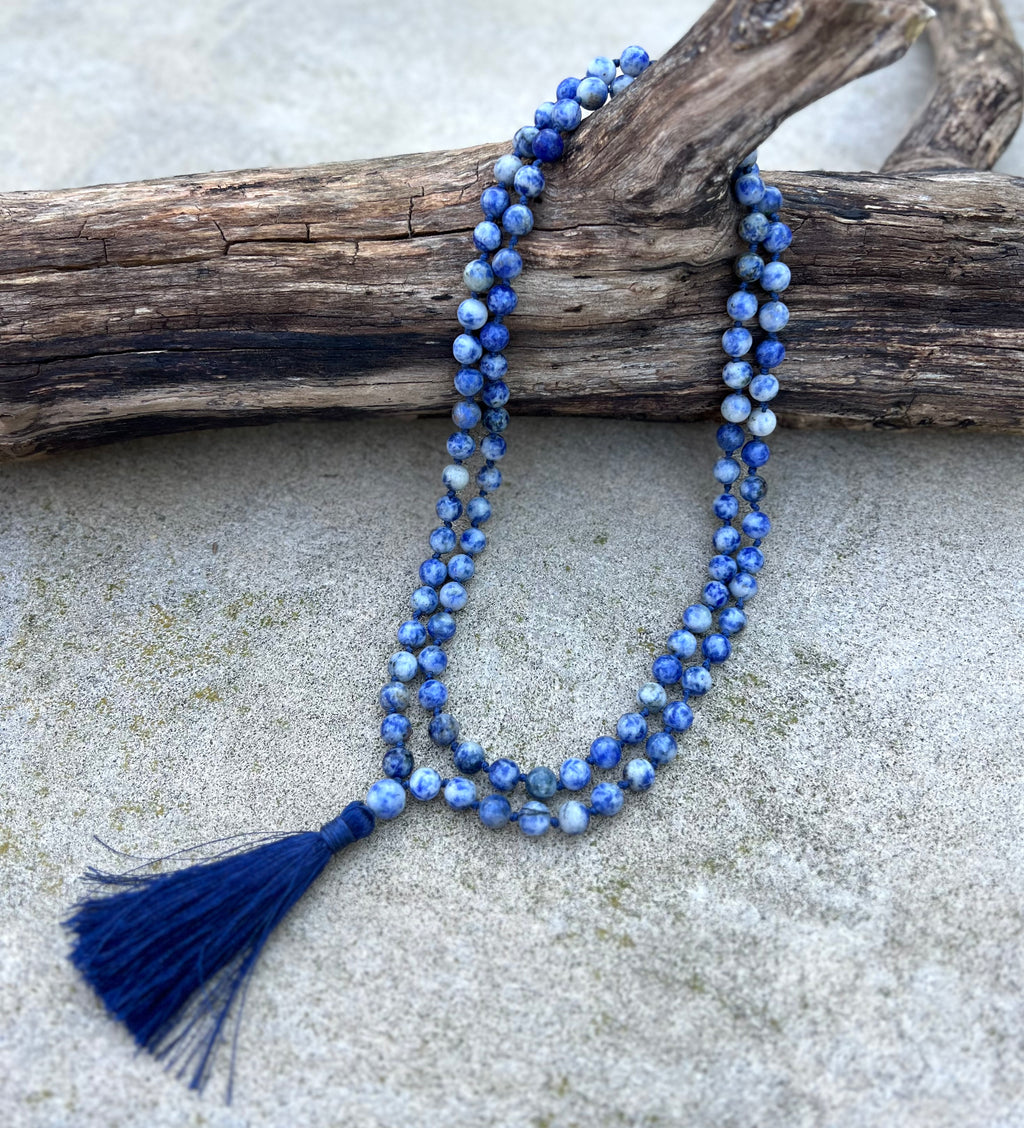 Sodalite Mala 108 Beads – Hand Knotted Gemstone Meditation Prayer Necklace