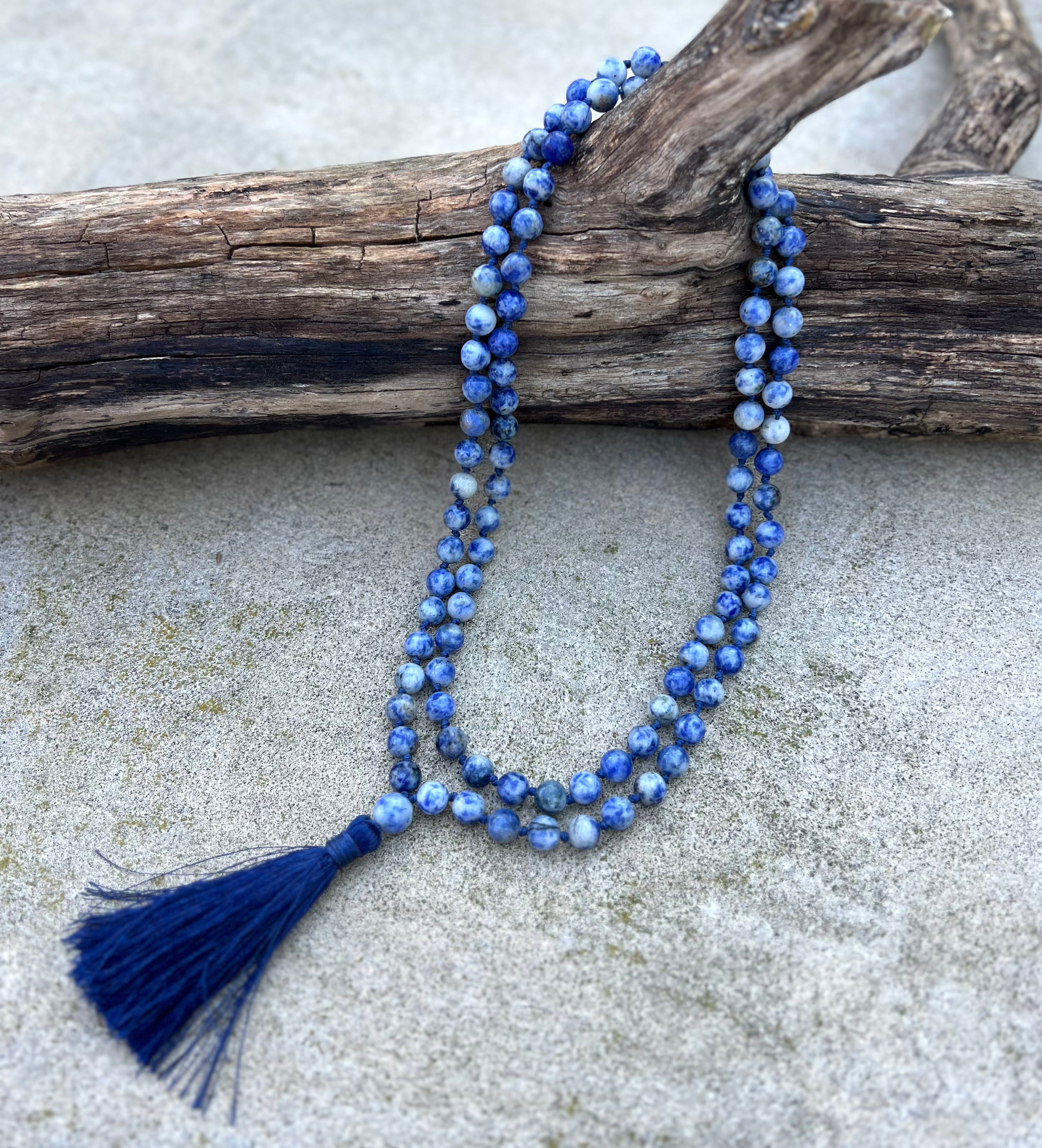 Sodalite Mala 108 Beads – Hand Knotted Gemstone Meditation Prayer Necklace