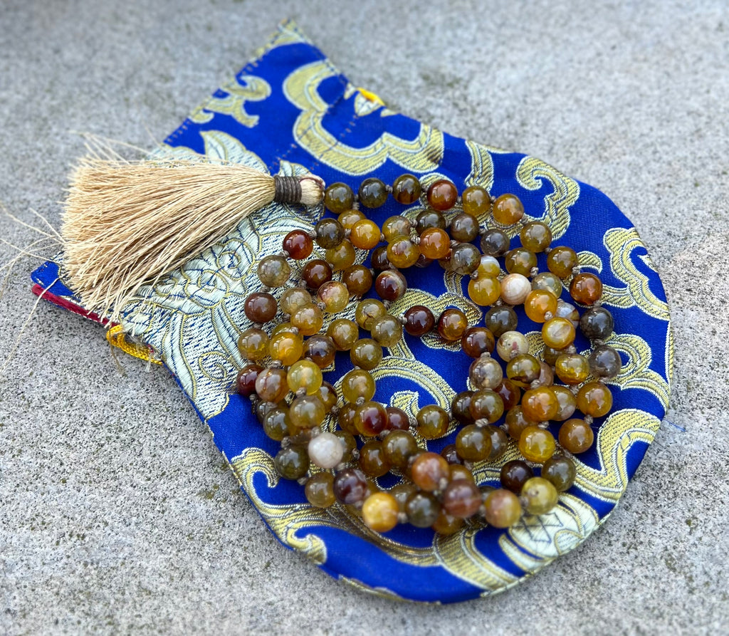 Brown Agate Mala 108 Beads – Hand Knotted Gemstone Meditation Prayer Necklac