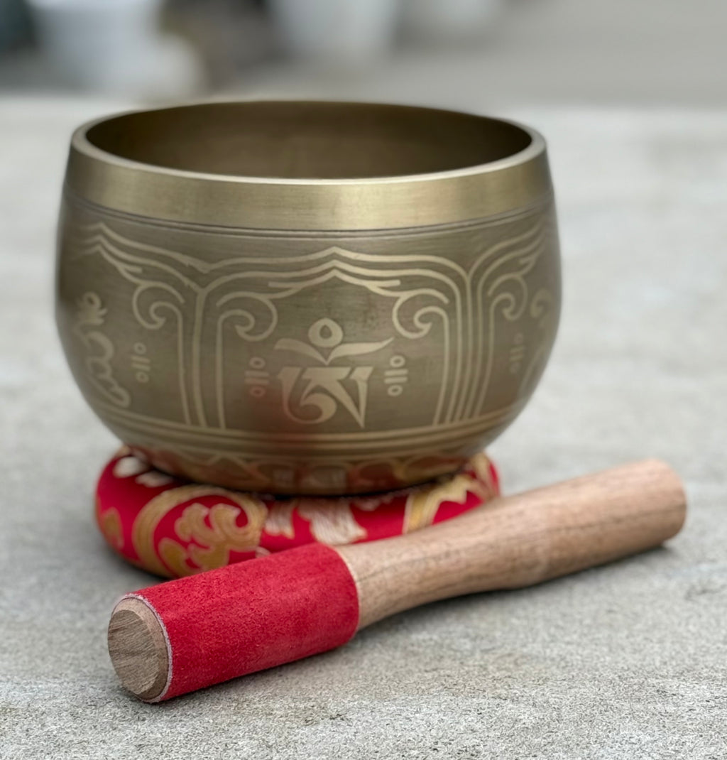 Tibetan Pro Deep Meditation Singing Bowl Set – Large Om Mani Hand Hammered Bowl with Wooden Suede Mallet & Ring Cushion for Yoga, Mindfulness & Chakra Healing - DharmaObjects