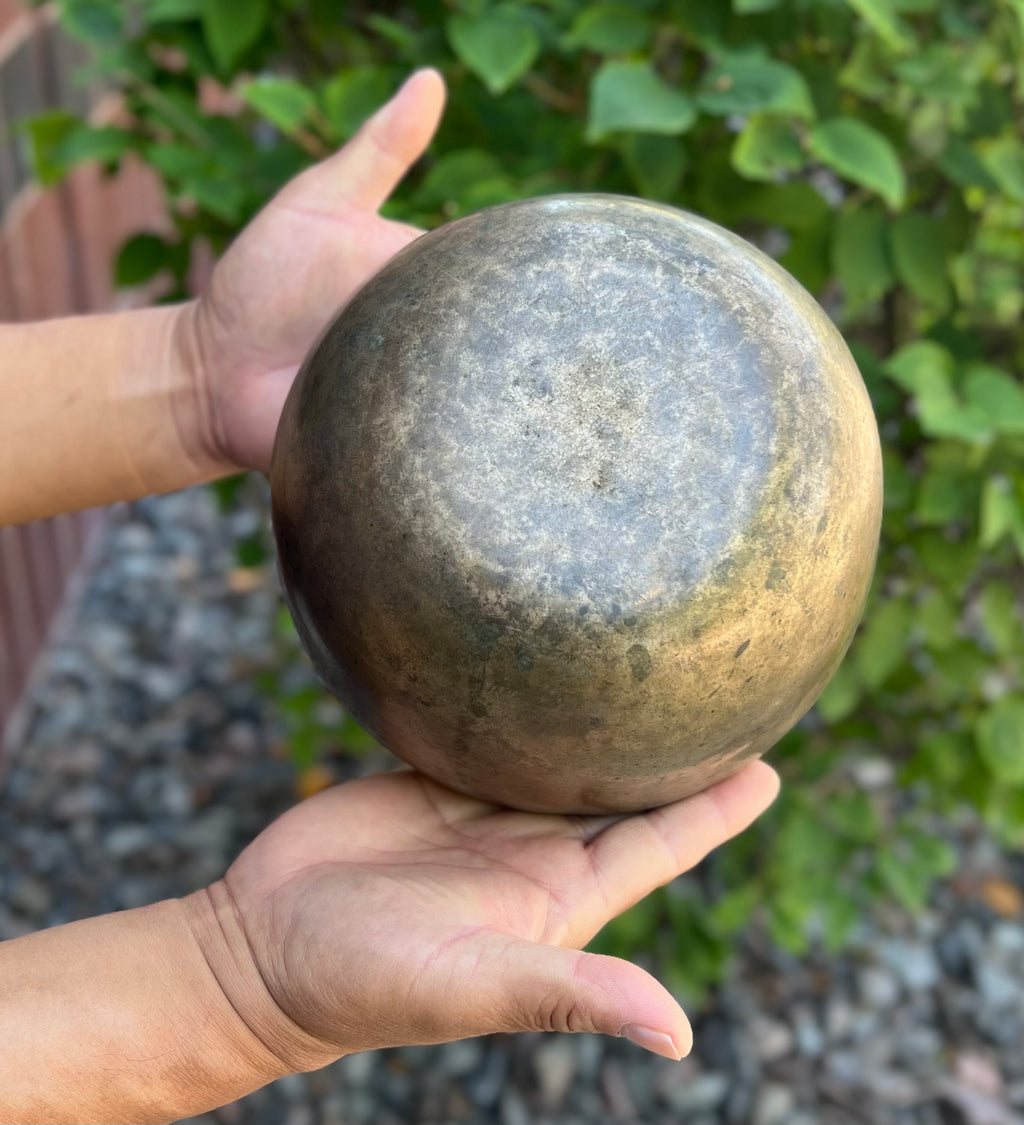 Rare Antique Thadobati Himalayan Singing Bowl 7" | F Note Heart Chakra Healing Bowl with Suede Mallet & Cushion - DharmaObjects