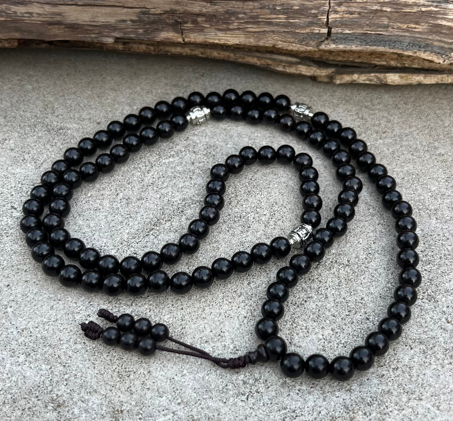 Tibetan Buddhist Ebony Wooden 108 Beads Mala with 3 Silver Markers + Free Silk Pouch