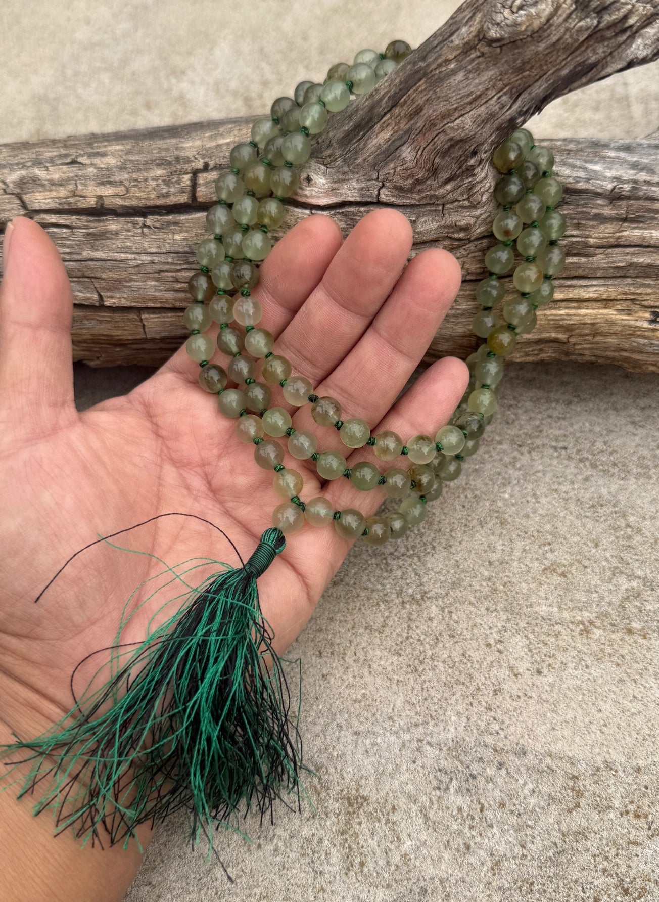 Prehnite 108 Bead Mala Necklace • Hand-Knotted Gemstone Prayer Beads • Yoga Jewelry • Spiritual Healing Meditation Necklace - DharmaObjects