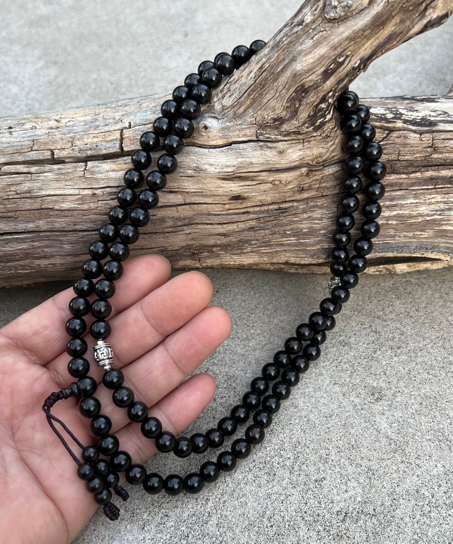 Tibetan Buddhist Ebony Wooden 108 Beads Mala with 3 Silver Markers + Free Silk Pouch