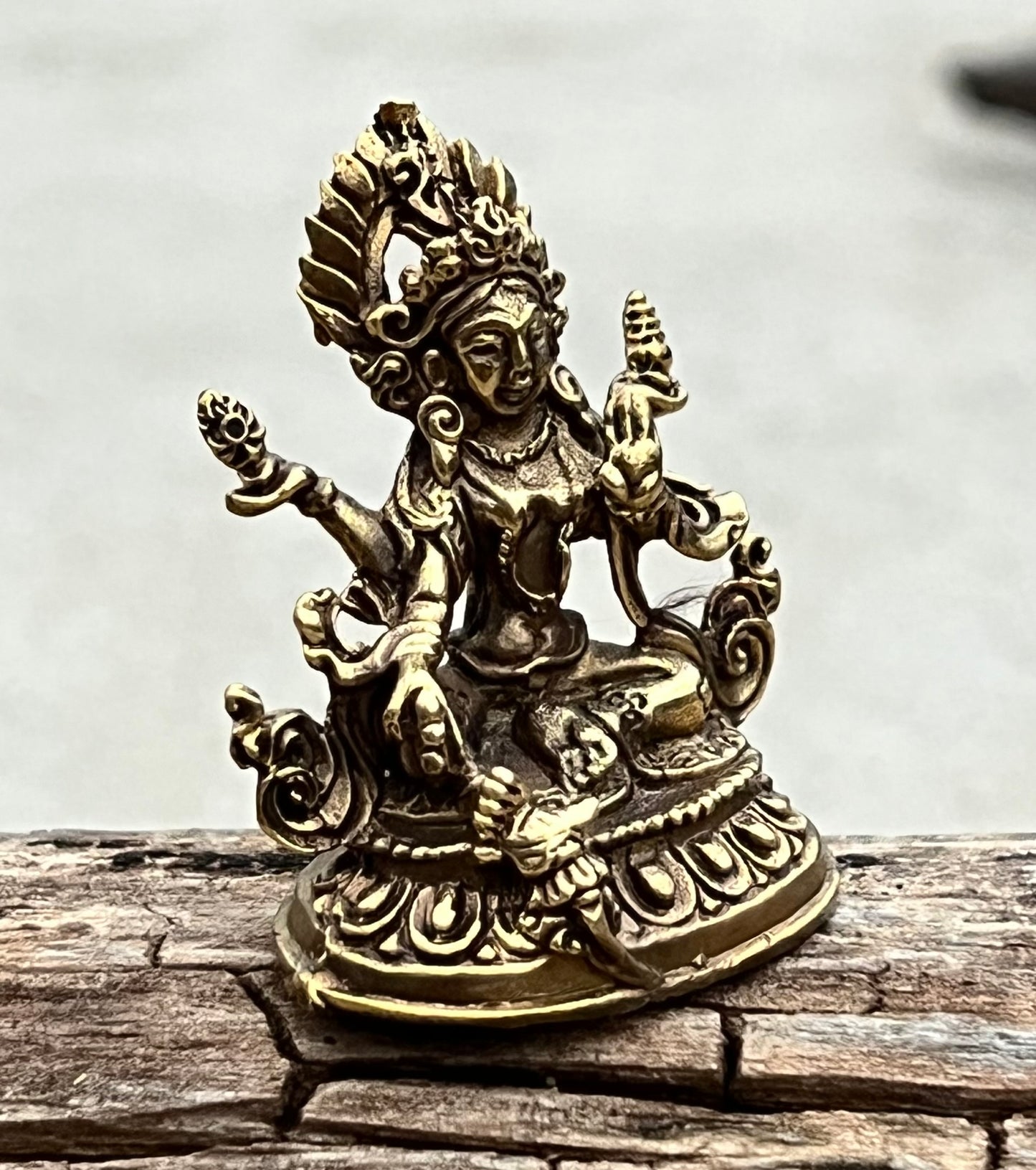 Small Brass Female Buddha Green Tara Dolma Statue - Handcrafted in Nepal