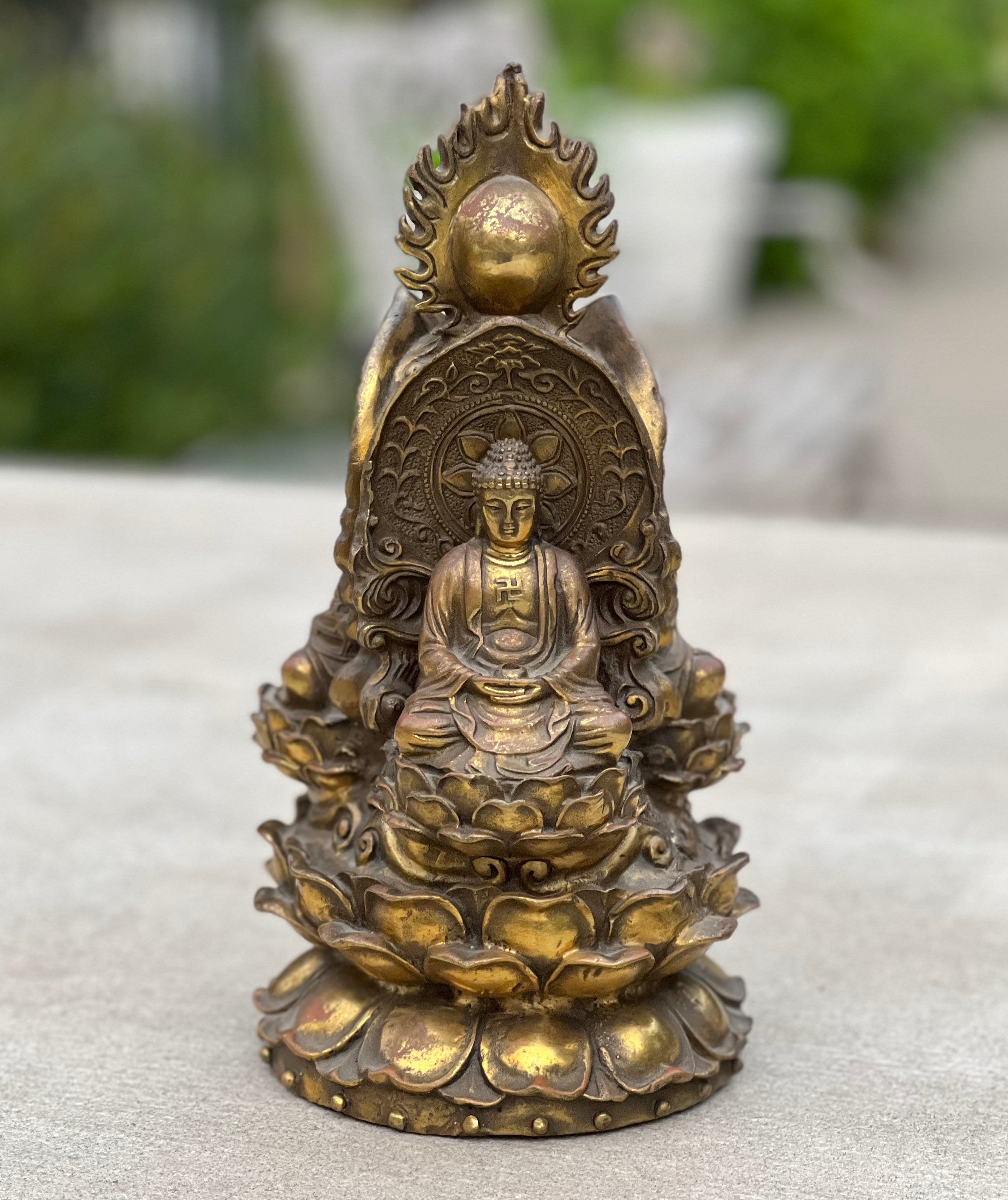 Tibetan Buddhist Old Brass 3 Buddhas Stupa Pagoda 9.5 Inches Tall - DharmaObjects