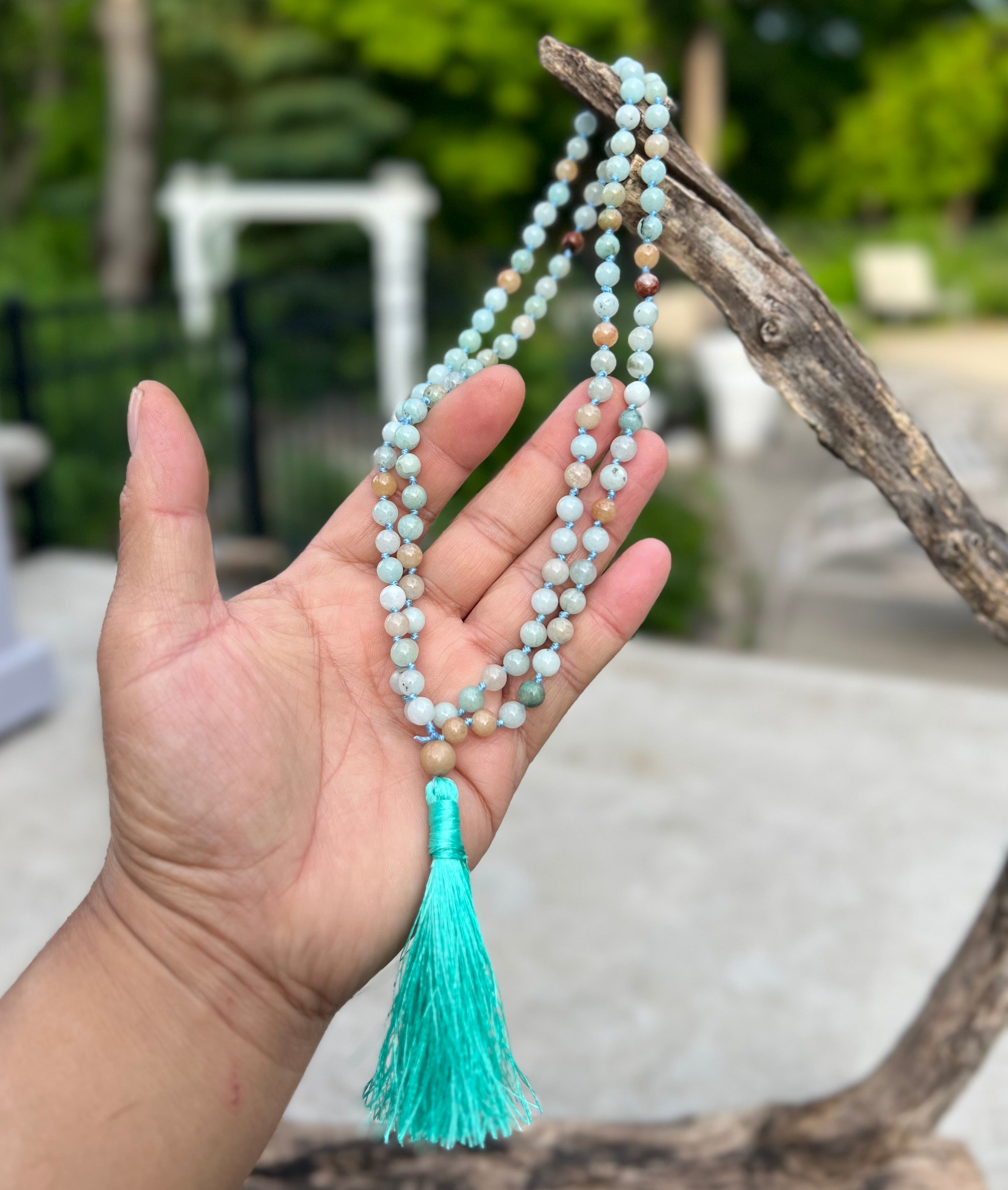 Amazonite Mala 108 Beads – Hand Knotted Gemstone Meditation Prayer Necklace