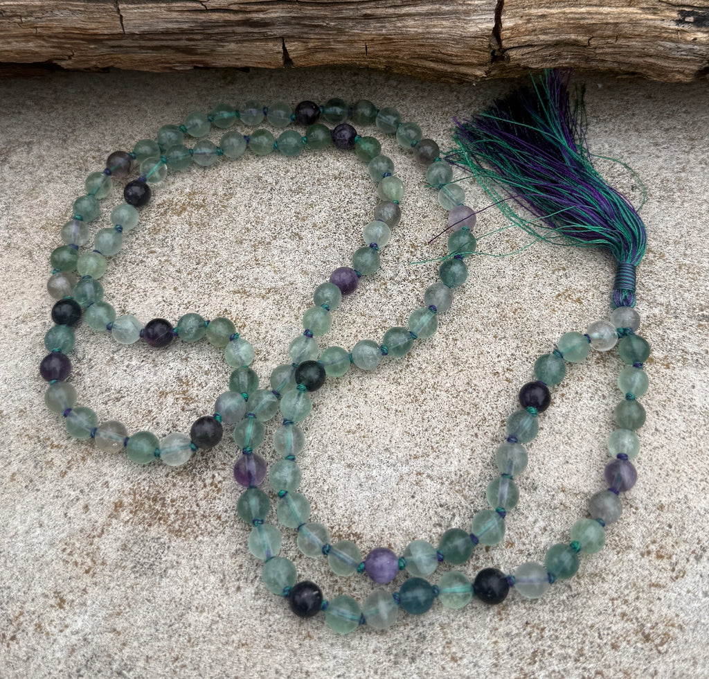 Fluorite 108 Bead Mala Necklace • Hand-Knotted Meditation Prayer Beads • Yoga Jewelry • Spiritual Healing Gemstone Necklace Gift - DharmaObjects