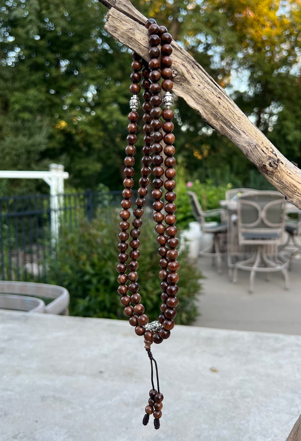 Tibetan Buddhist Kadam Wood 108 Beads Mala with 3 Silver Markers + Free Silk Pouch - DharmaObjects