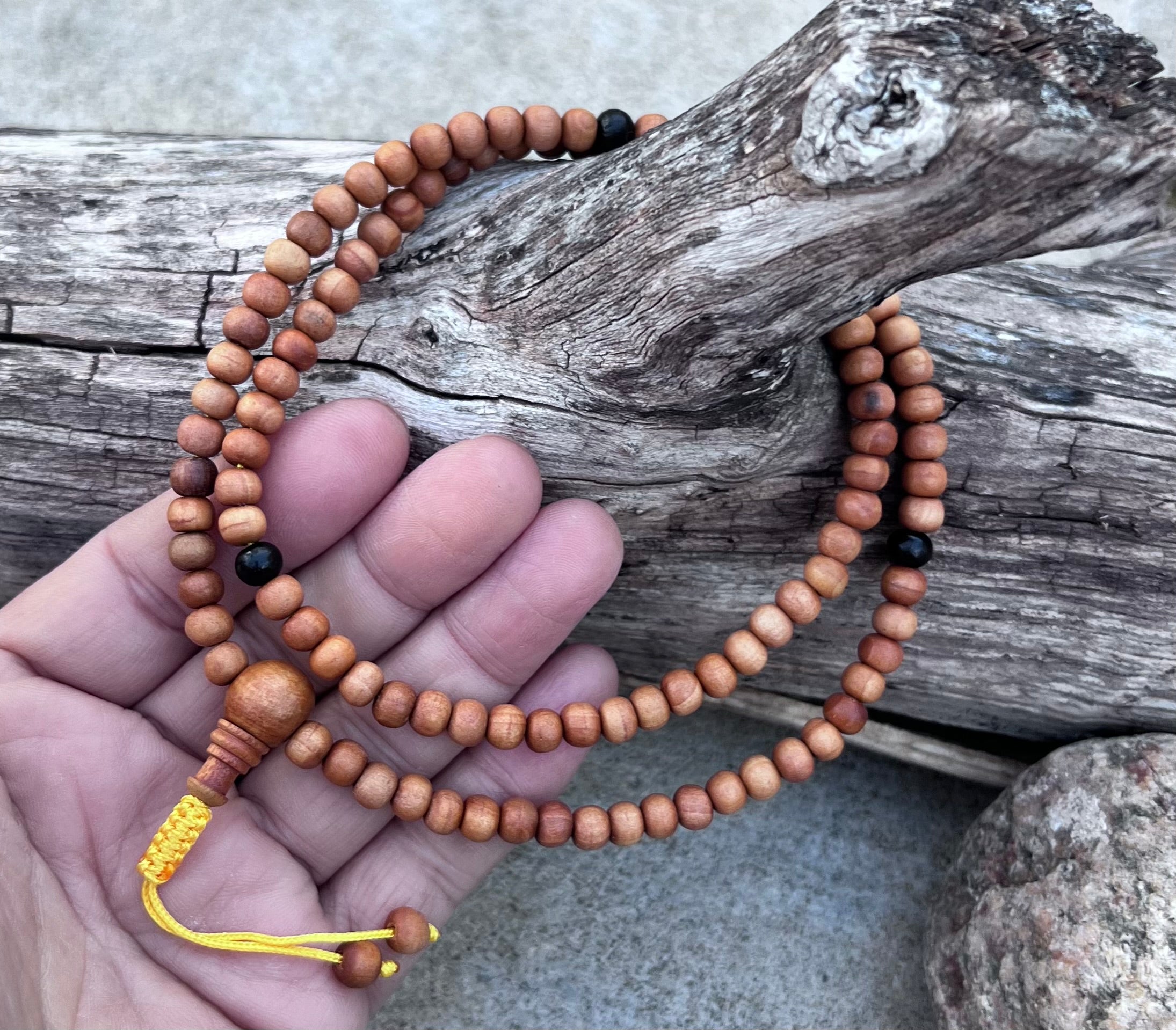 Natural Sandalwood 108 Bead Meditation Mala | Adjustable Japa Prayer Beads | Buddhist Hindu Yoga Mala | Guru Bead Necklace | Spiritual Gift - DharmaObjects