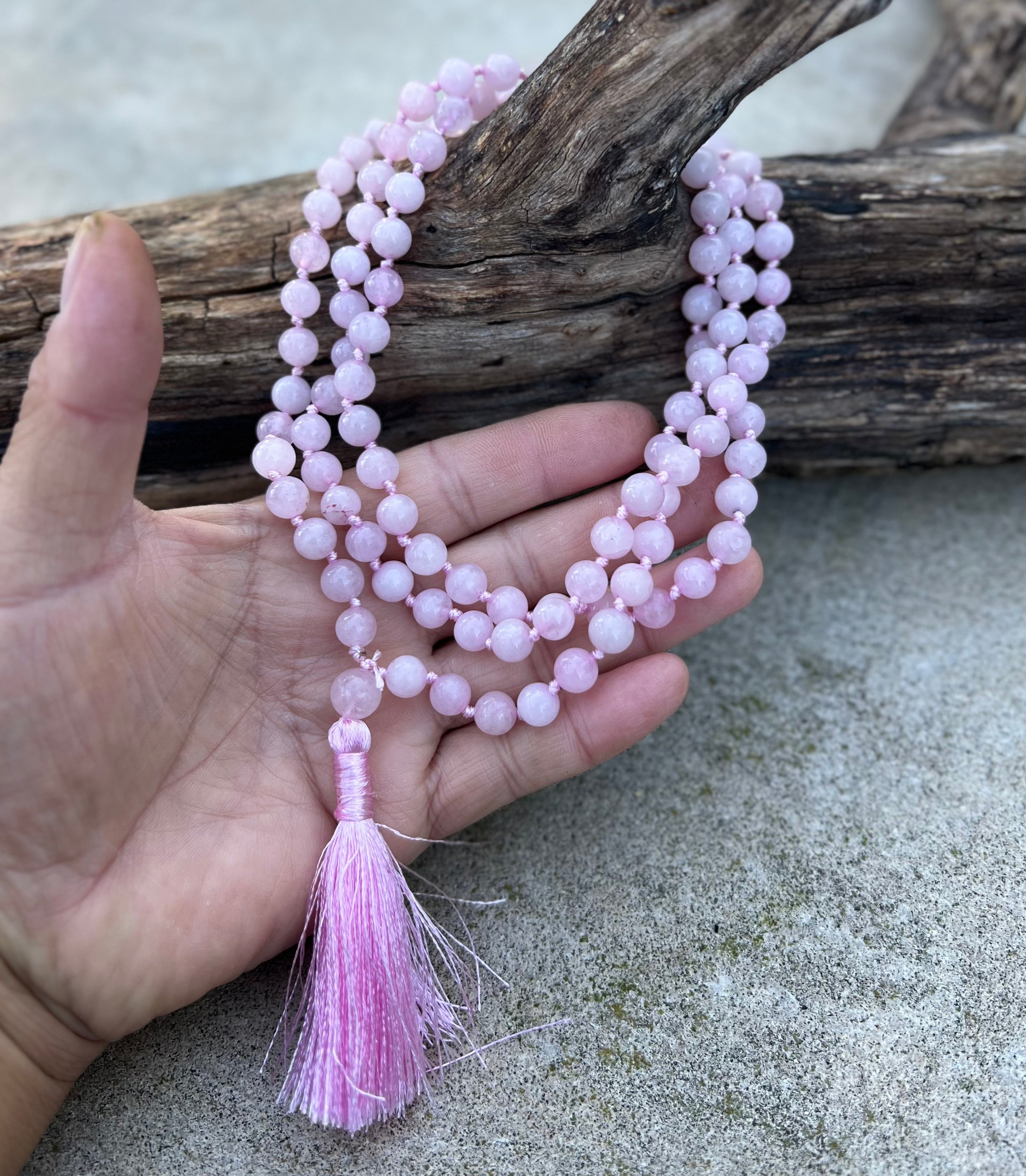 Rose Quartz Mala 108 Beads – Hand Knotted Gemstone Meditation Prayer Necklace