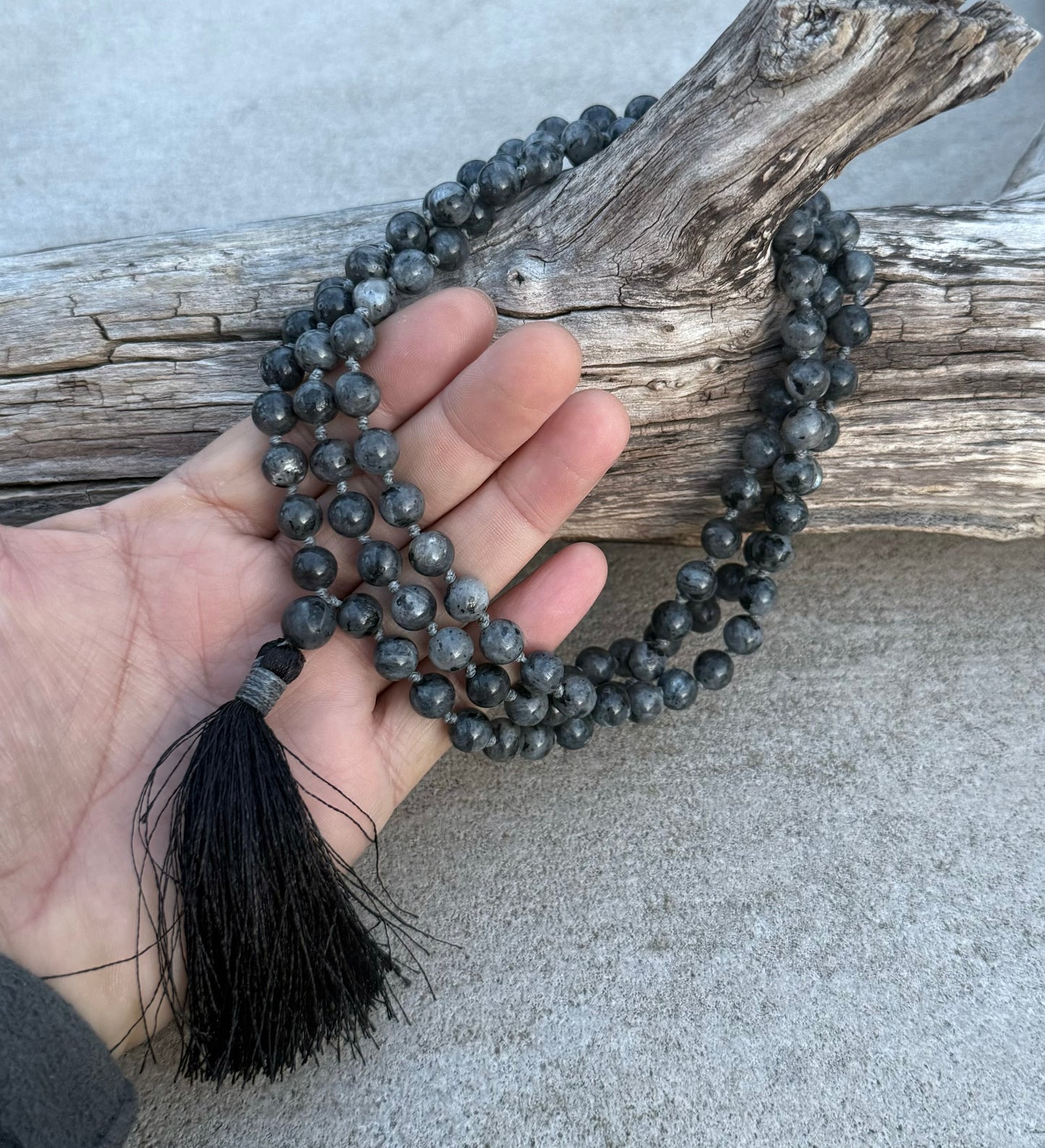 Natural Larvikite Hand Knotted Mala, Rosary 108 Beads, Japa Mala, Meditation Mala, Mala Necklace, Free Silk Pouch