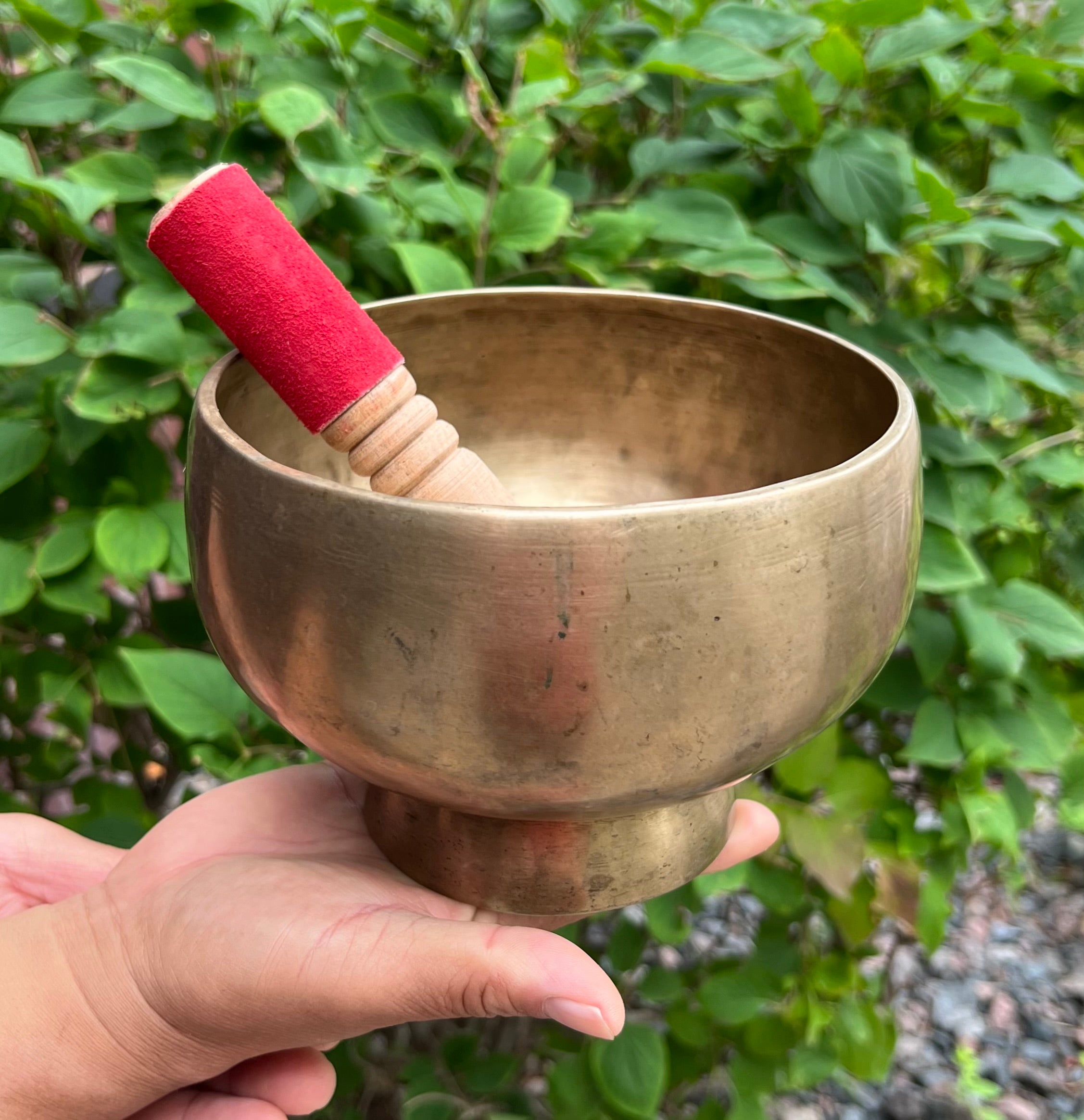 Antique Naga Pedestal Himalayan Singing Bowl 6.5" – Solar Plexus Chakra E 1332 Hz Chalice Bowl with Gong Beater & Mallet - DharmaObjects