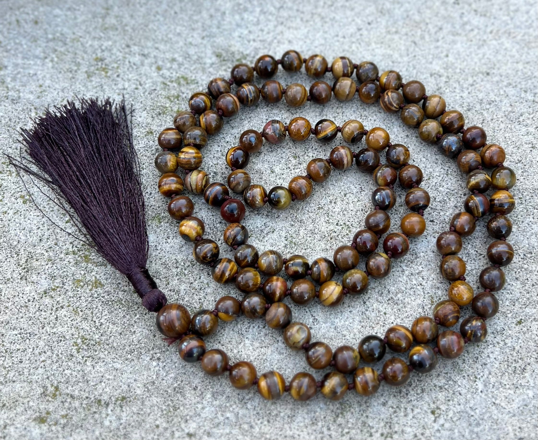 Tiger’s Eye Mala 108 Beads – Hand Knotted Gemstone Meditation Prayer Necklace
