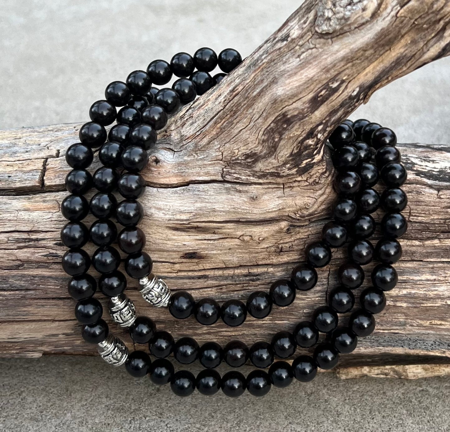 Tibetan Buddhist Ebony Wooden 108 Beads Mala with 3 Silver Markers + Free Silk Pouch