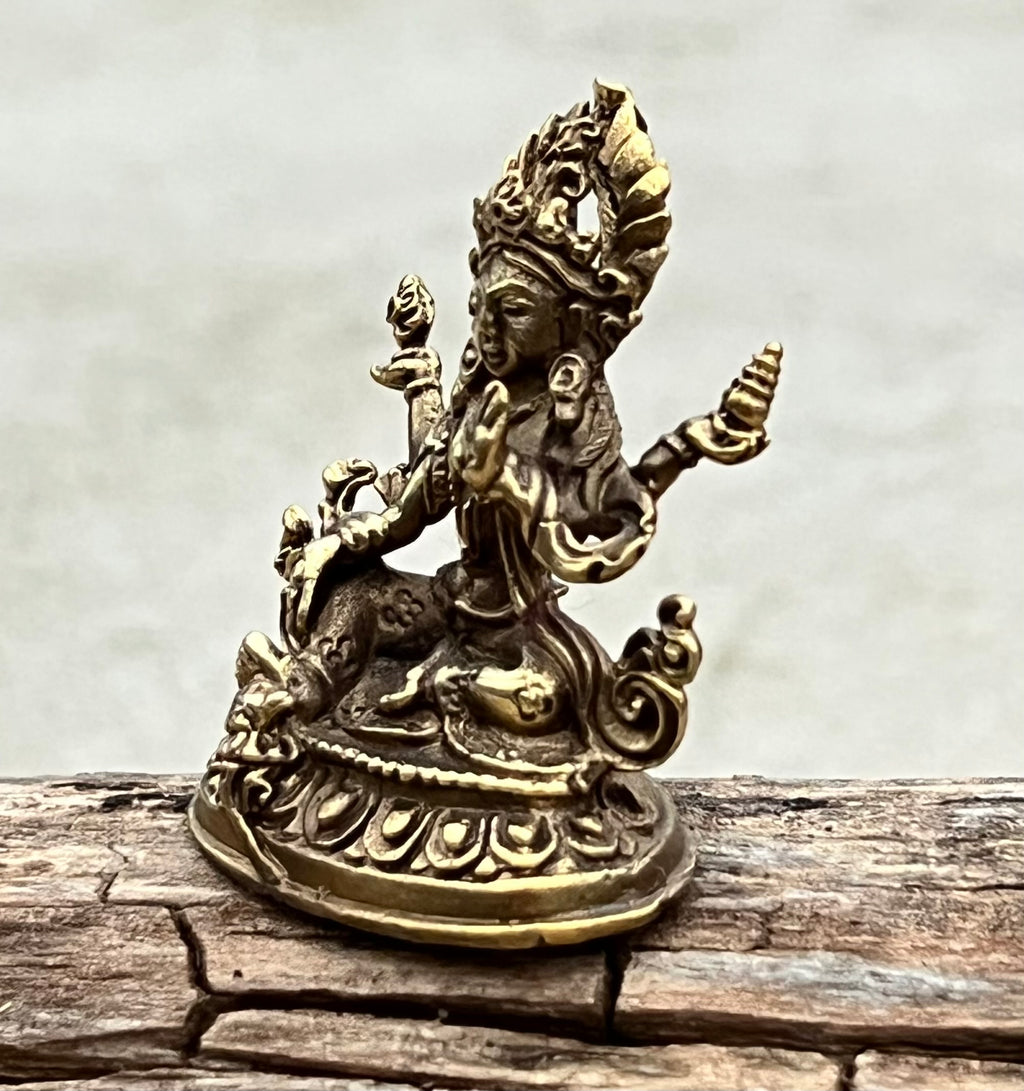Small Brass Female Buddha Green Tara Dolma Statue - Handcrafted in Nepal - DharmaObjects