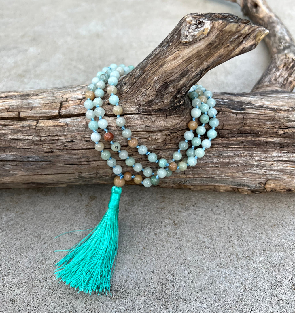Amazonite Mala 108 Beads – Hand Knotted Gemstone Meditation Prayer Necklace