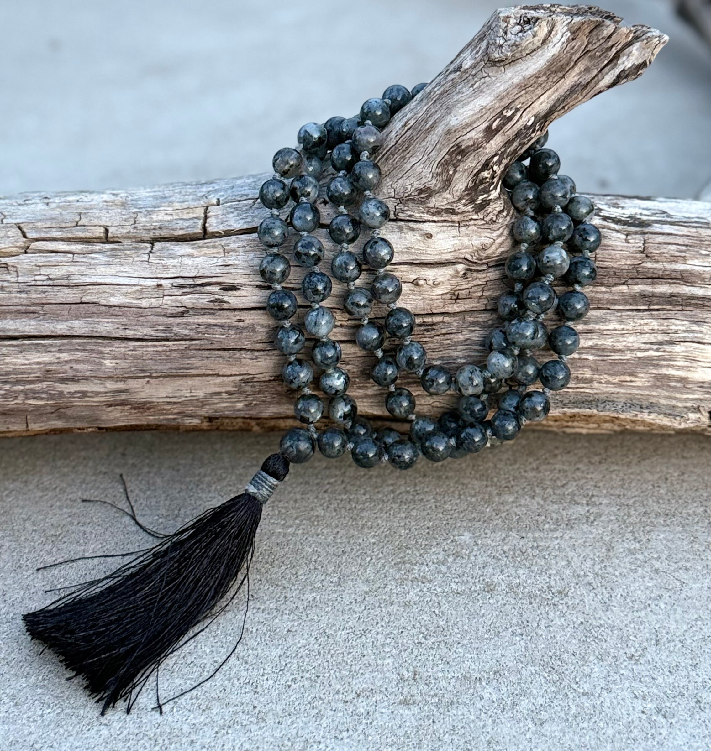 Larvikite Mala 108 Beads – Hand Knotted Gemstone Meditation Prayer Necklace