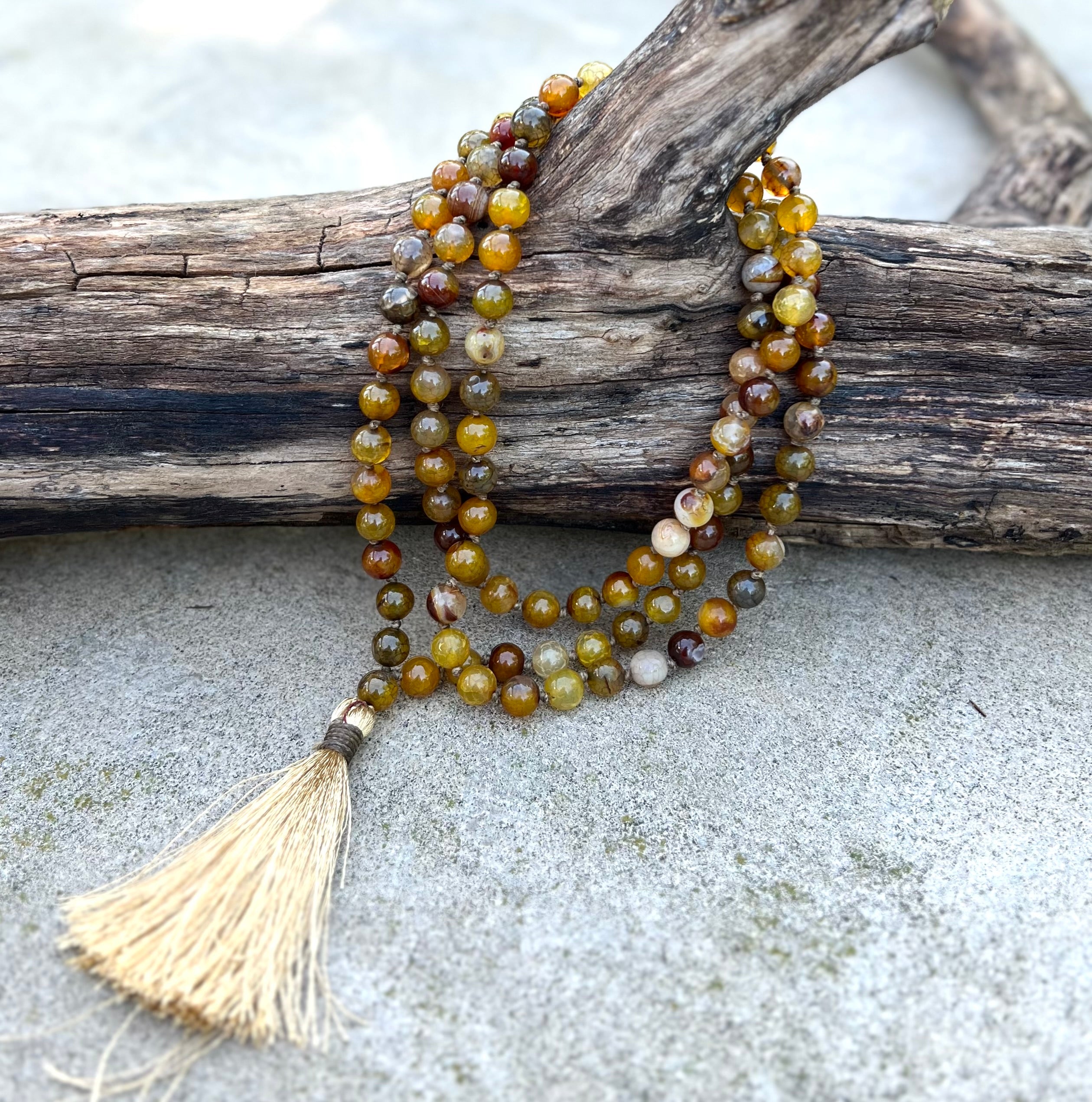 Brown Agate Mala 108 Beads – Hand Knotted Gemstone Meditation Prayer Necklac
