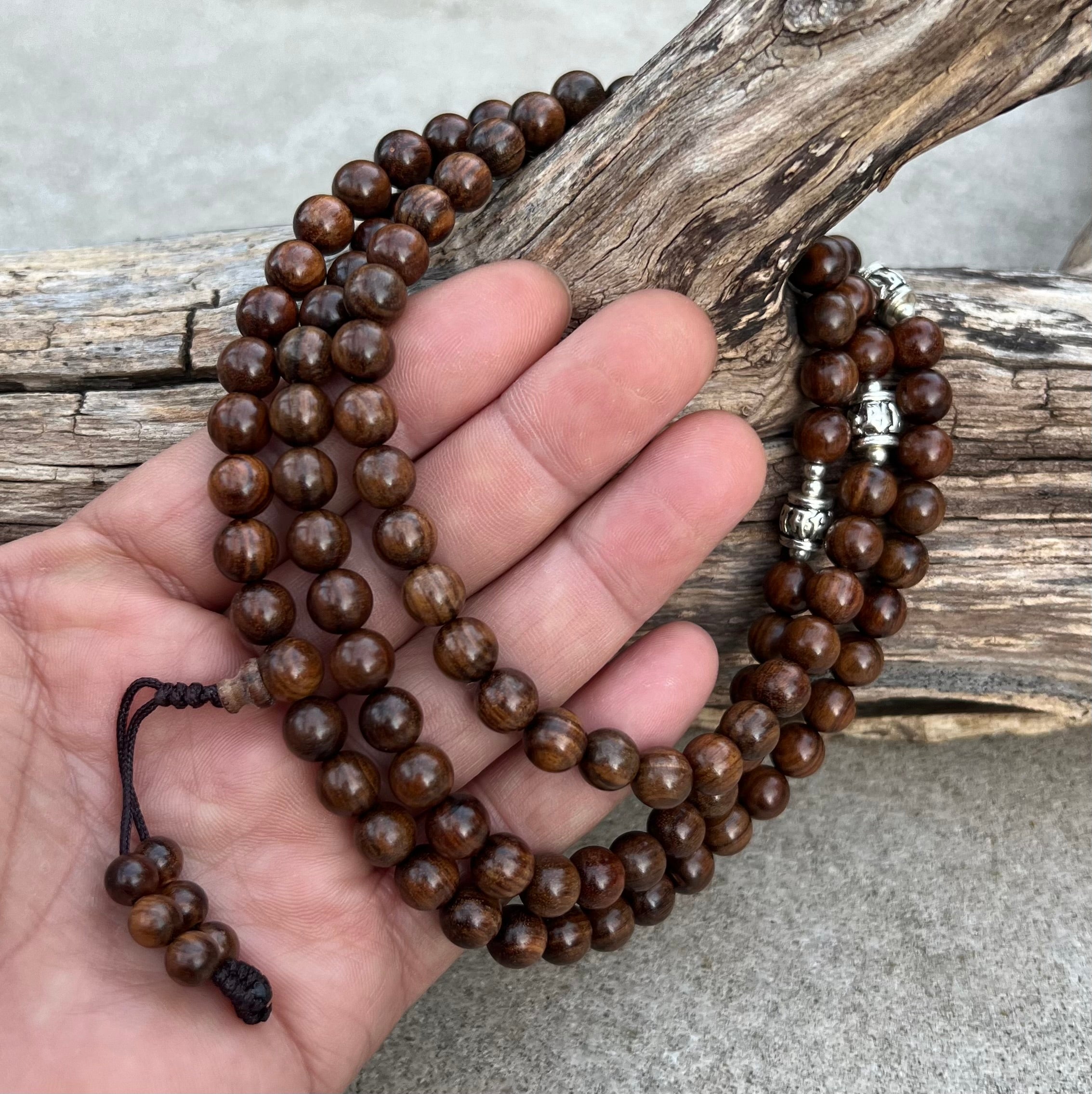 Tibetan Buddhist Kadam Wood 108 Beads Mala with 3 Silver Markers + Free Silk Pouch - DharmaObjects